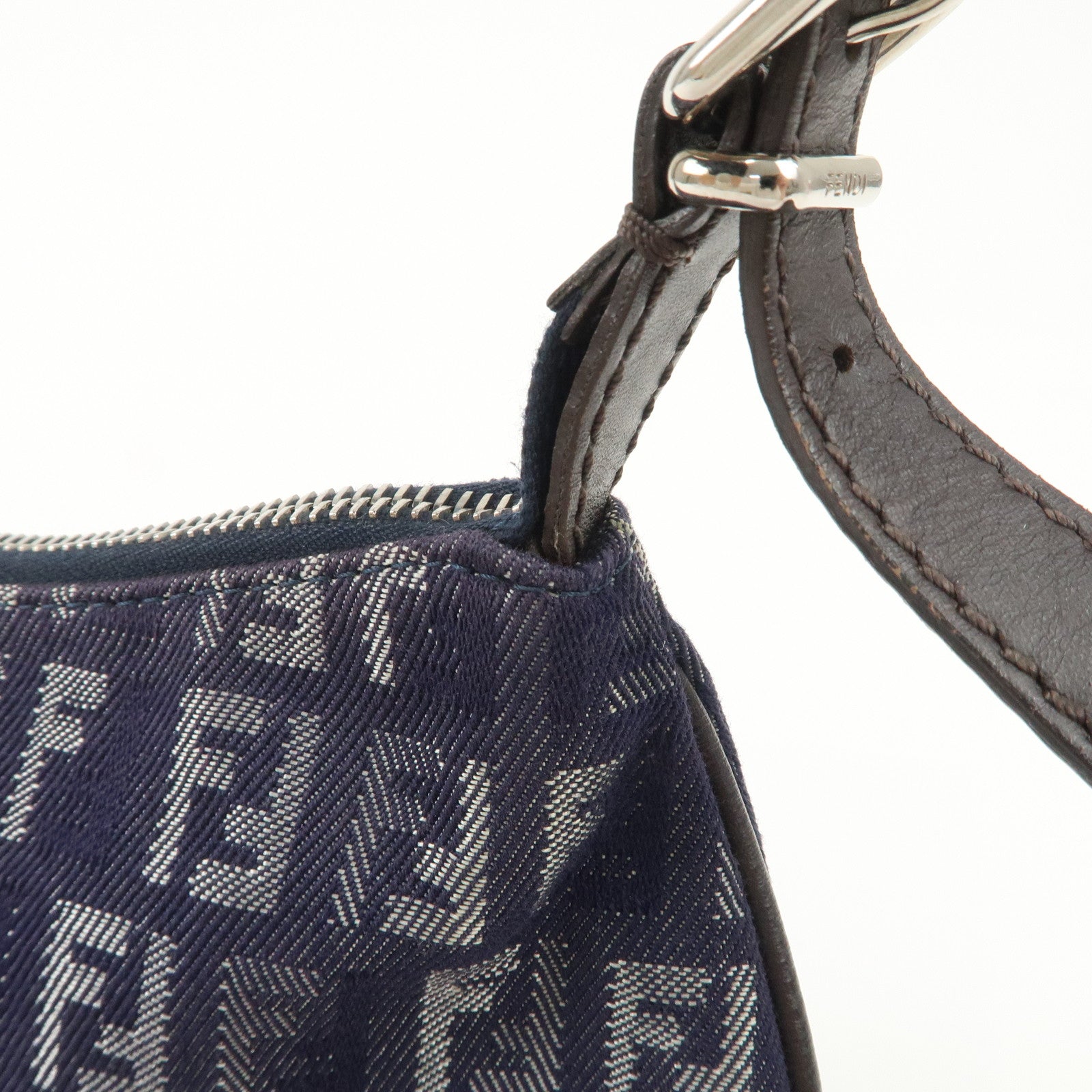 FENDI Zucchino Canvas Leather Shoulder Bag Hand bag Navy 8BR248 Used