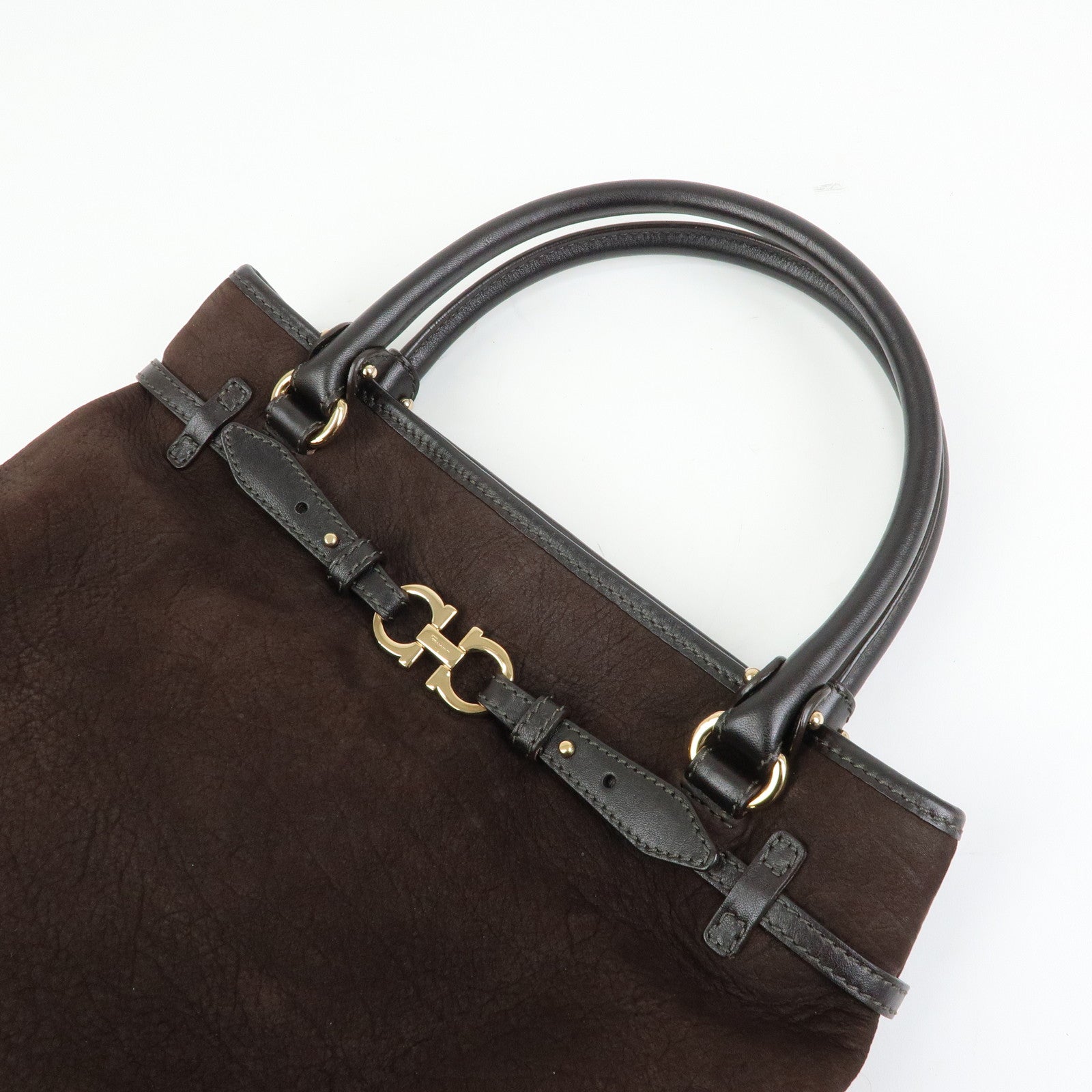 Ferragamo Gancini Suede Leather Tote Bag Hand Bag Brown