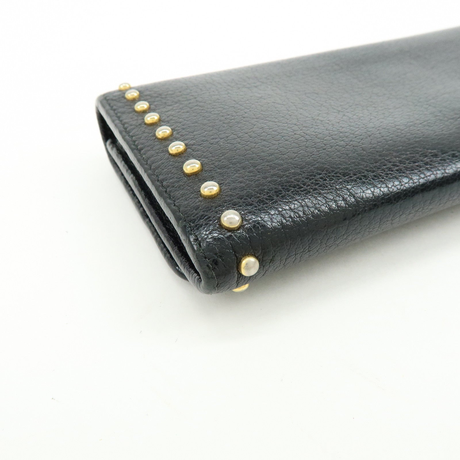 MIU MIU Logo Leather Studs Flap Long Wallet Black 5M1109