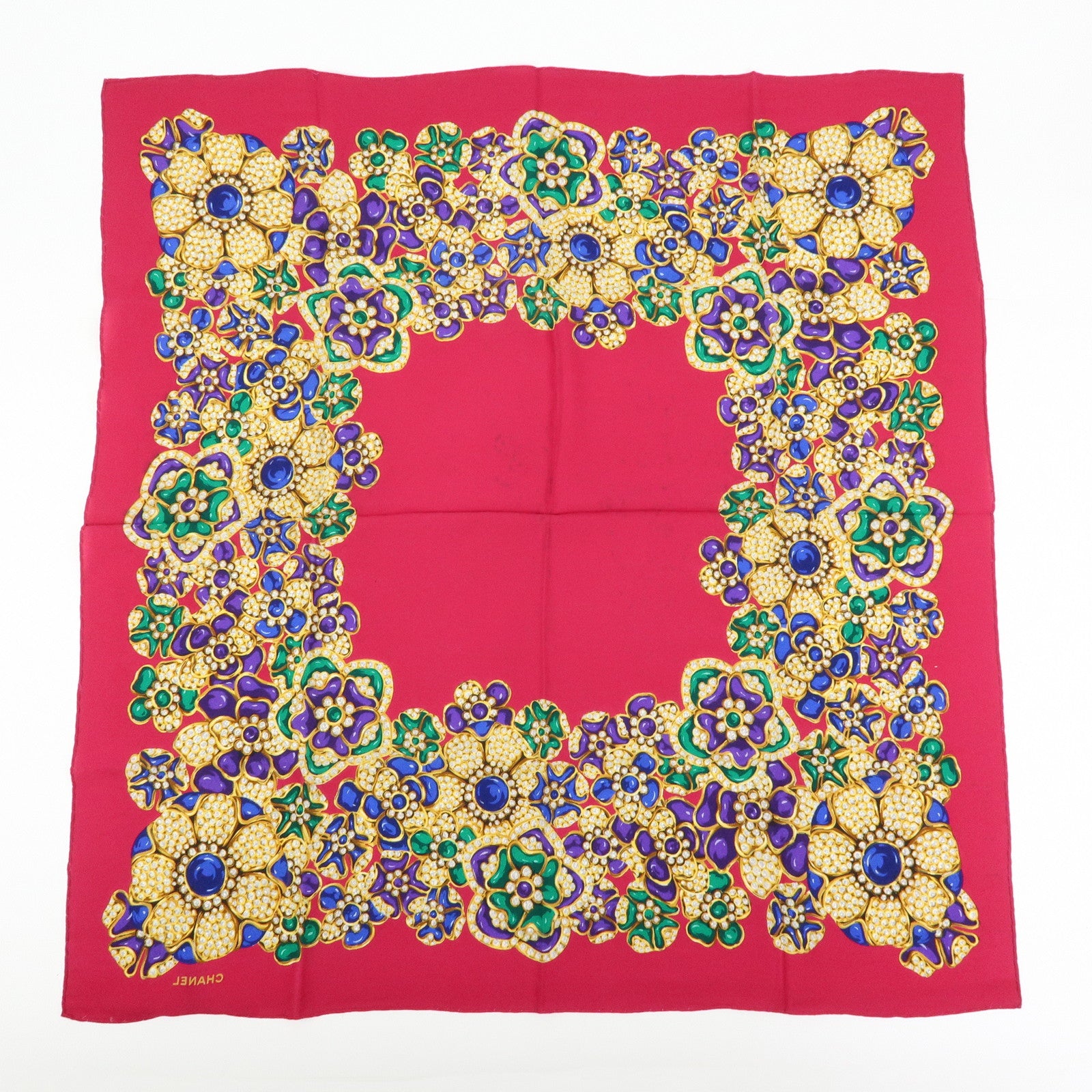 CHANEL Silk 100% Flower Jewelry Motif Scarf Pink Gold