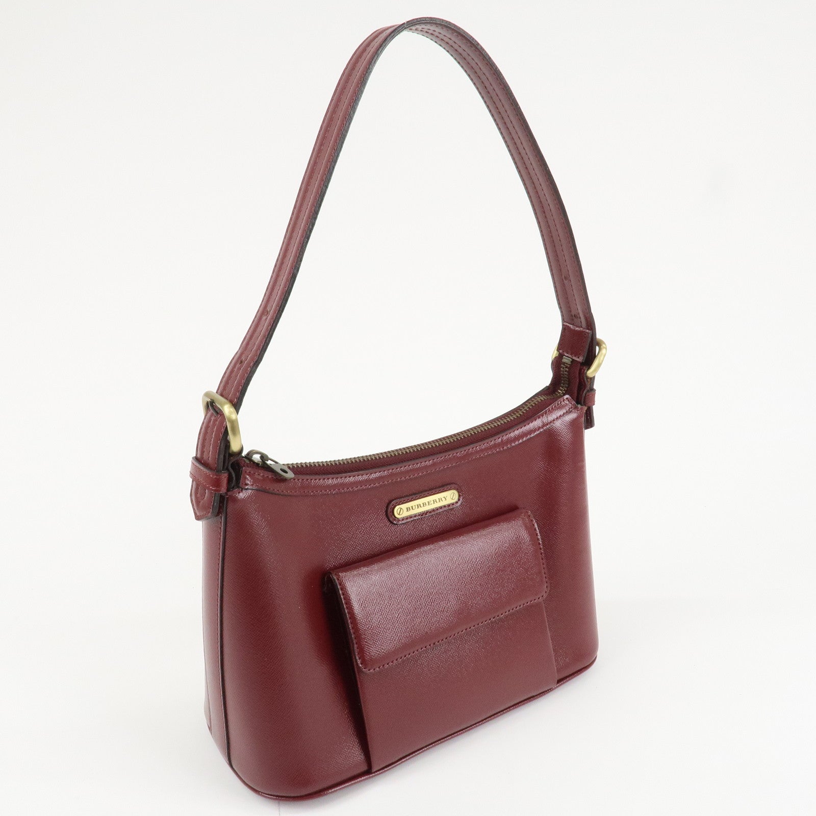 BURBERRY Logo Leather Shoulder Bag Hand Bag Bordeaux Gold Hardware Used
