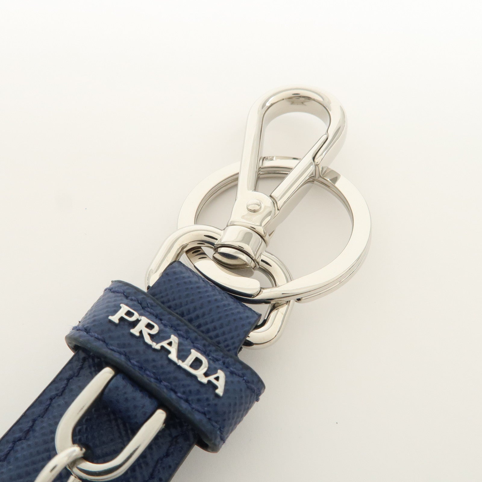 PRADA Saffiano Leather Bag Charm Key Holder Blue 1PP698