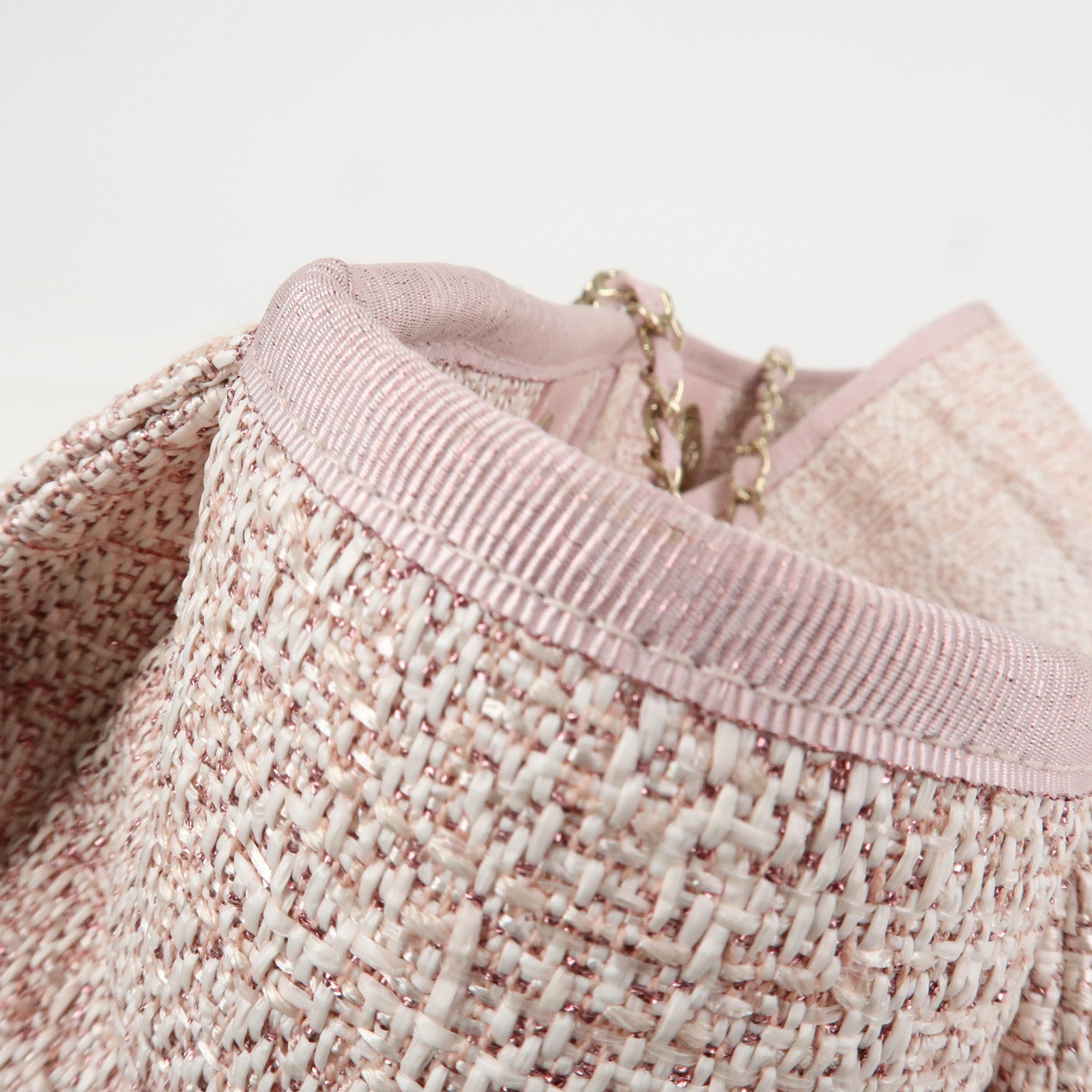 CHANEL Tweed Leather Deauville MM Shoulder Bag Tote Bag Pink