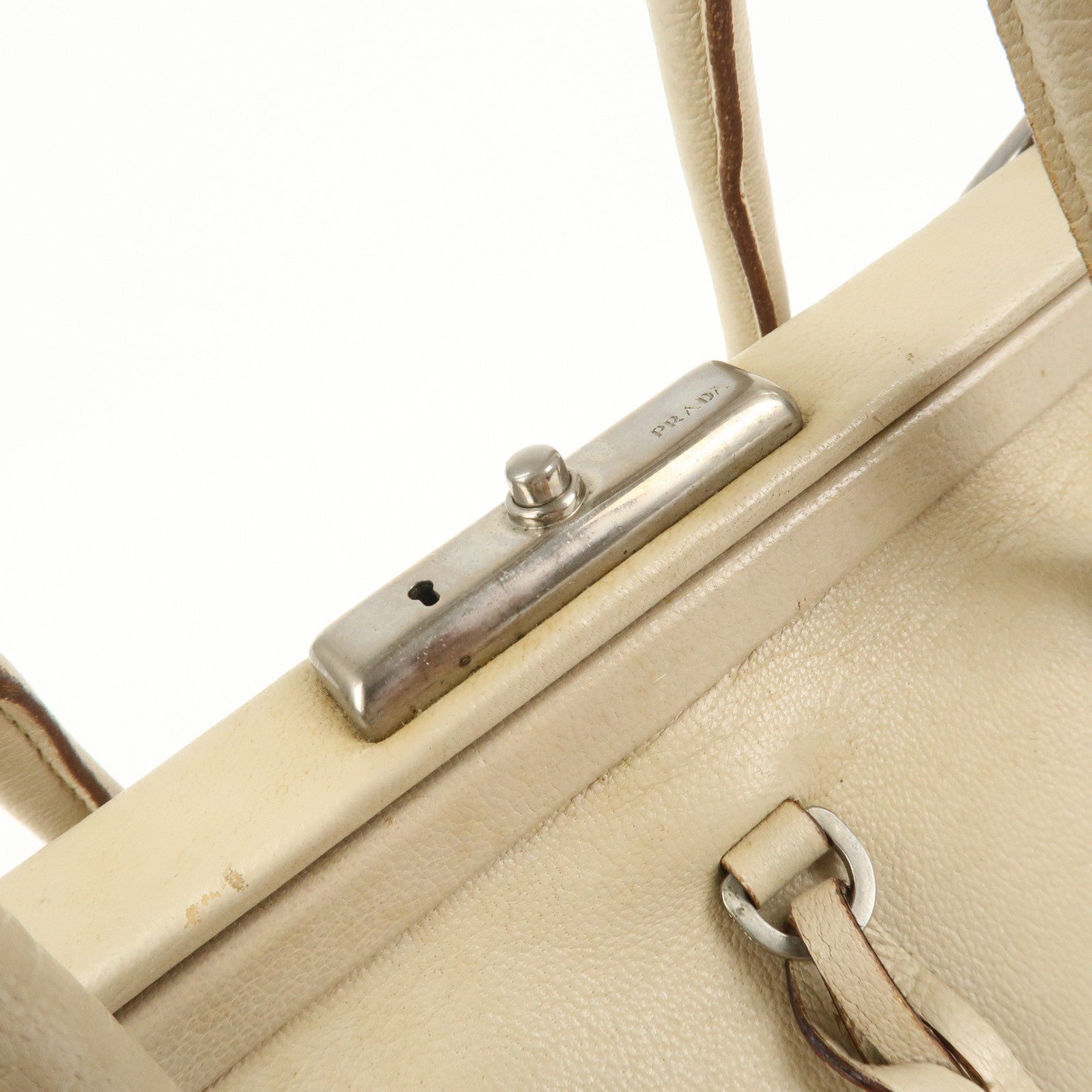 PRADA Leather Doctors Bag Hand Bag Beige Silver