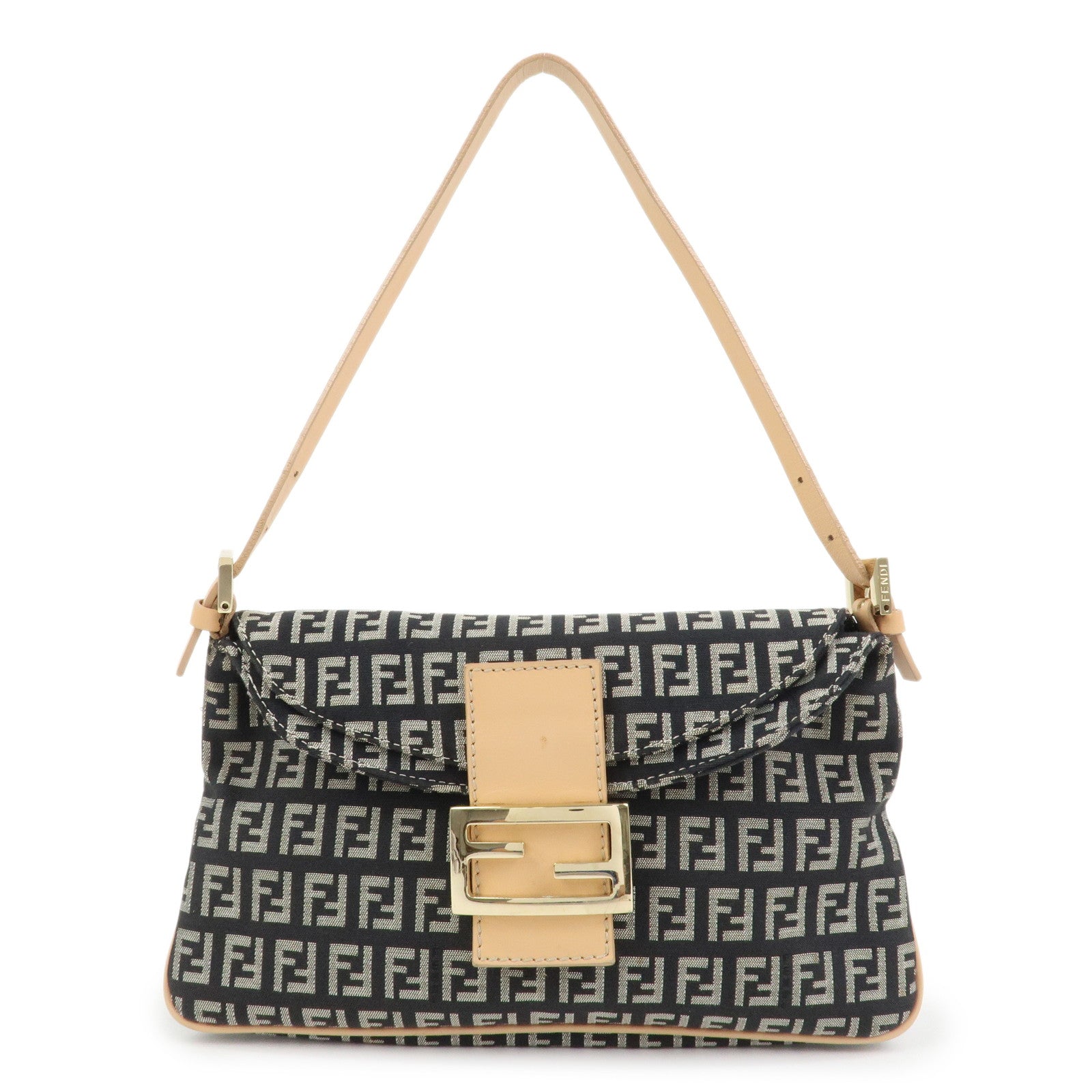 FENDI Zucchino Canvas Leather Shoulder Bag Black Natural 8BR009