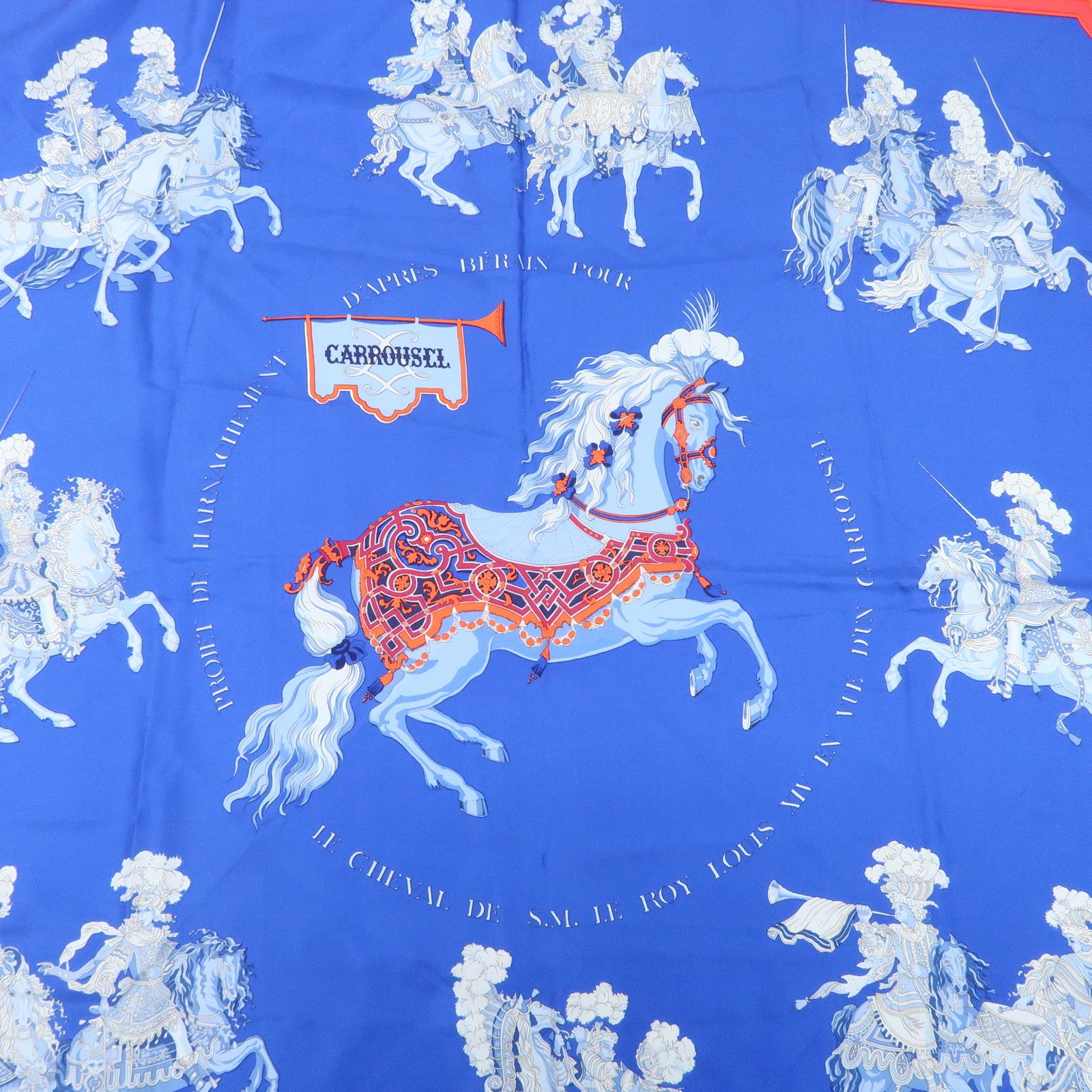 HERMES Carre 90 Silk 100% Scarf CARROUSEL Blue Red Used