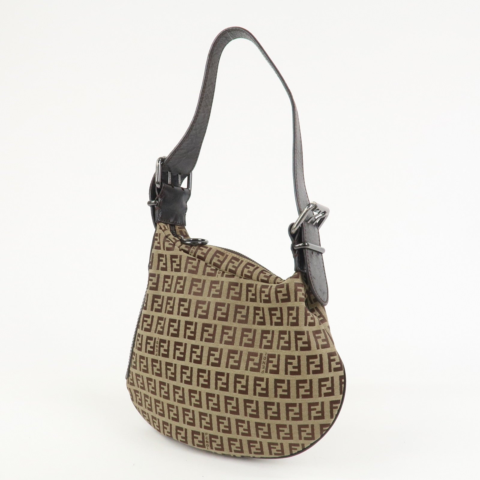 FENDI Zucchino Canvas Leather Shoulder Bag Hand Bag Brown