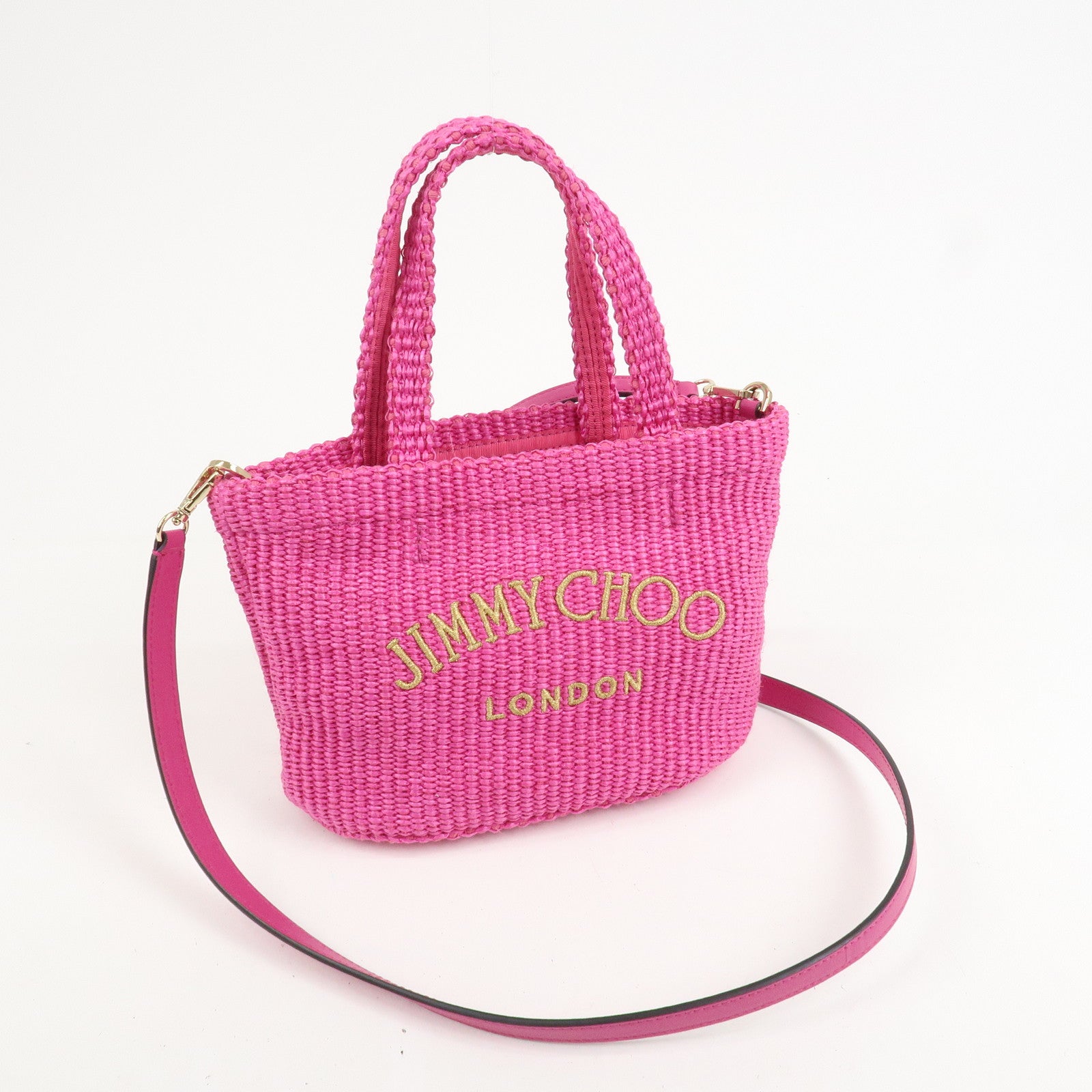 JIMMY CHOO Leather Raffia Beach West East 2 Way Bag Mini Tote Bag