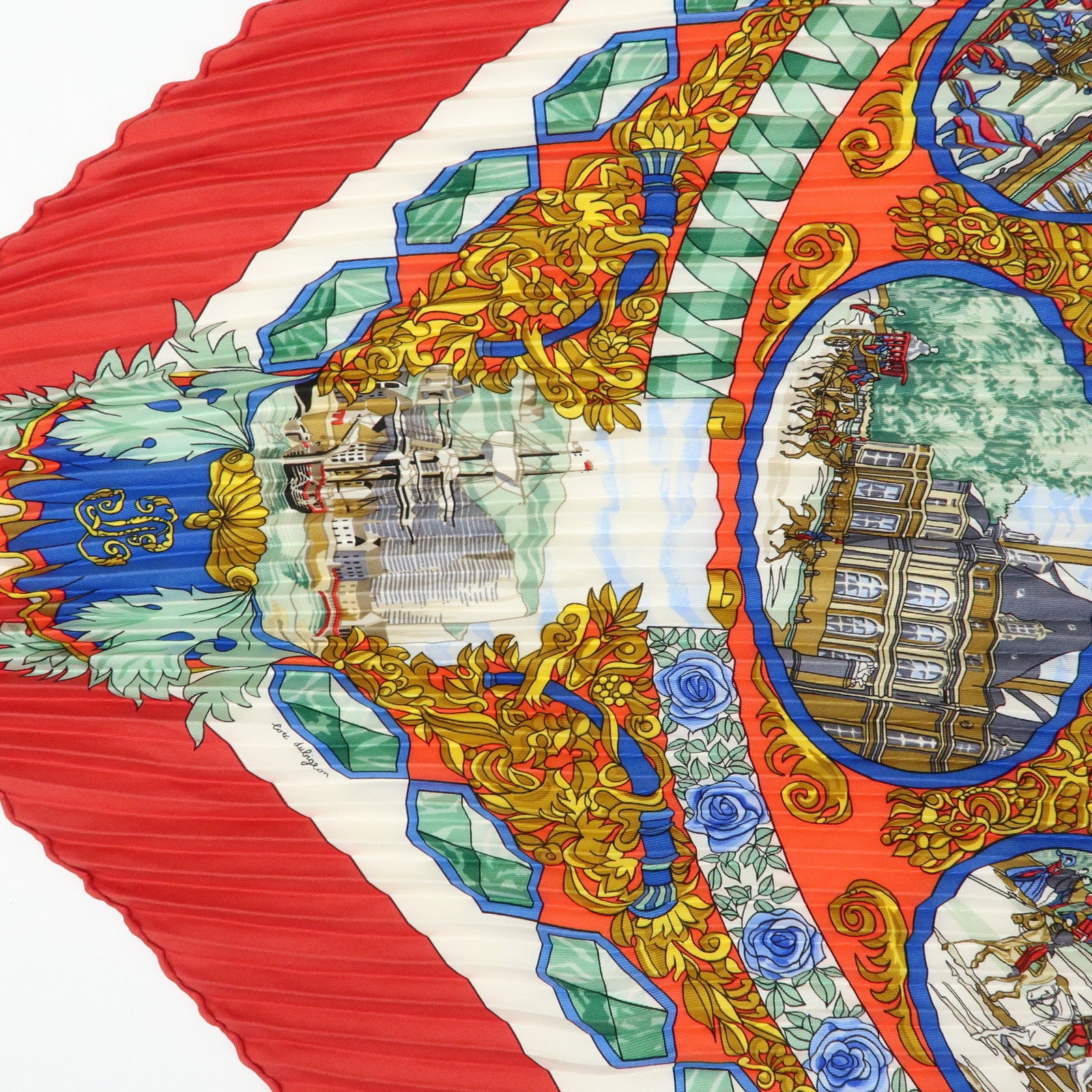 HERMES Pleated Carre Silk 100% Scarf L'ENTENTE CORDIALE Red Blue