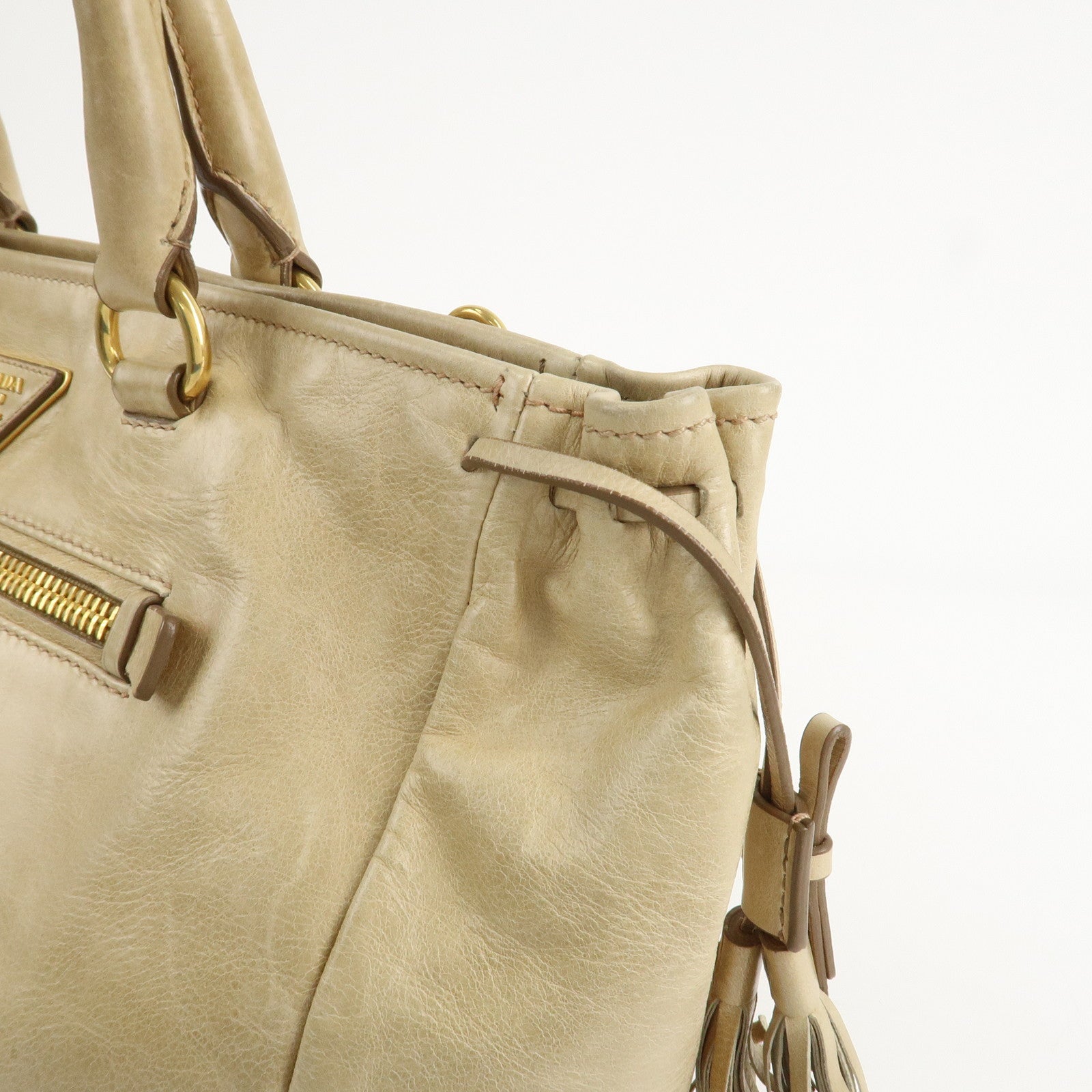 PRADA Triangle Logo VITELLOSHINE Leather 2Way Bag Beige BN1921