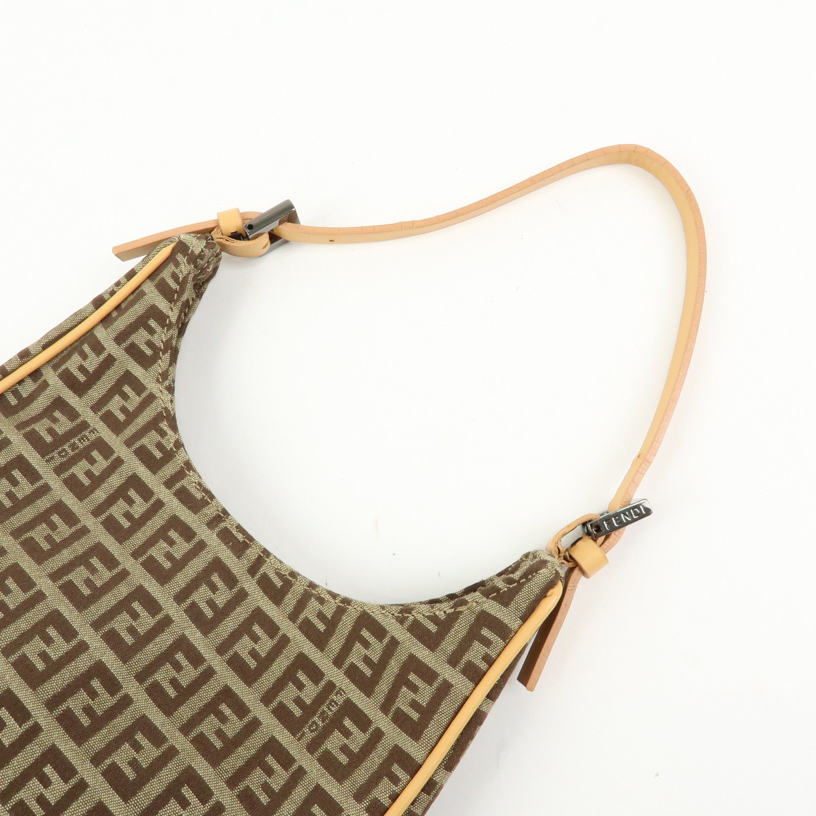 FENDI Zucchino Canvas Leather Hand Bag Khaki Beige 8BR157