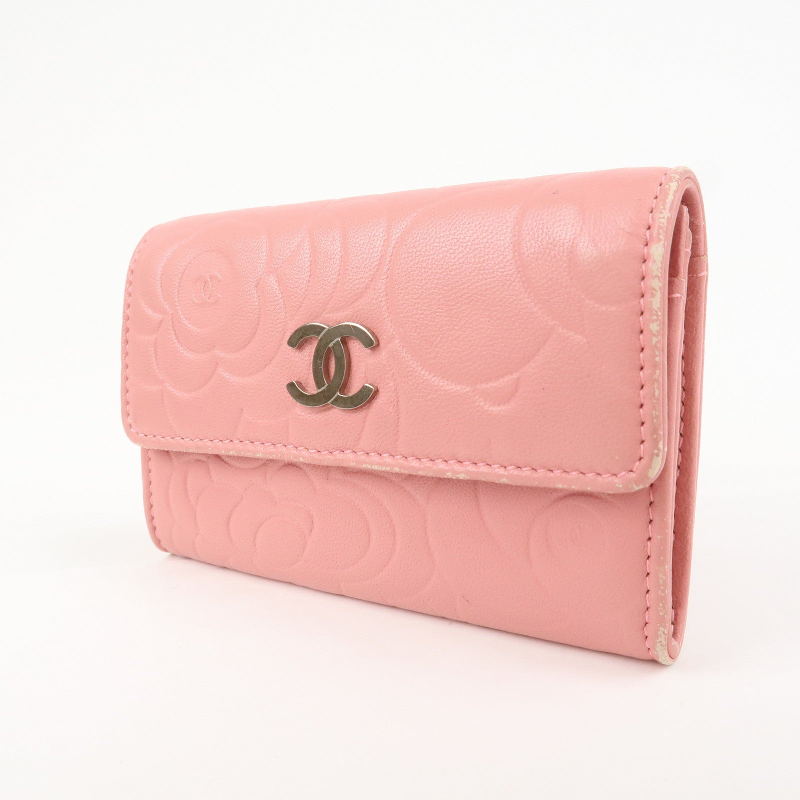 CHANEL Camellia COCO Mark Leather Card Case Card Holder Pink