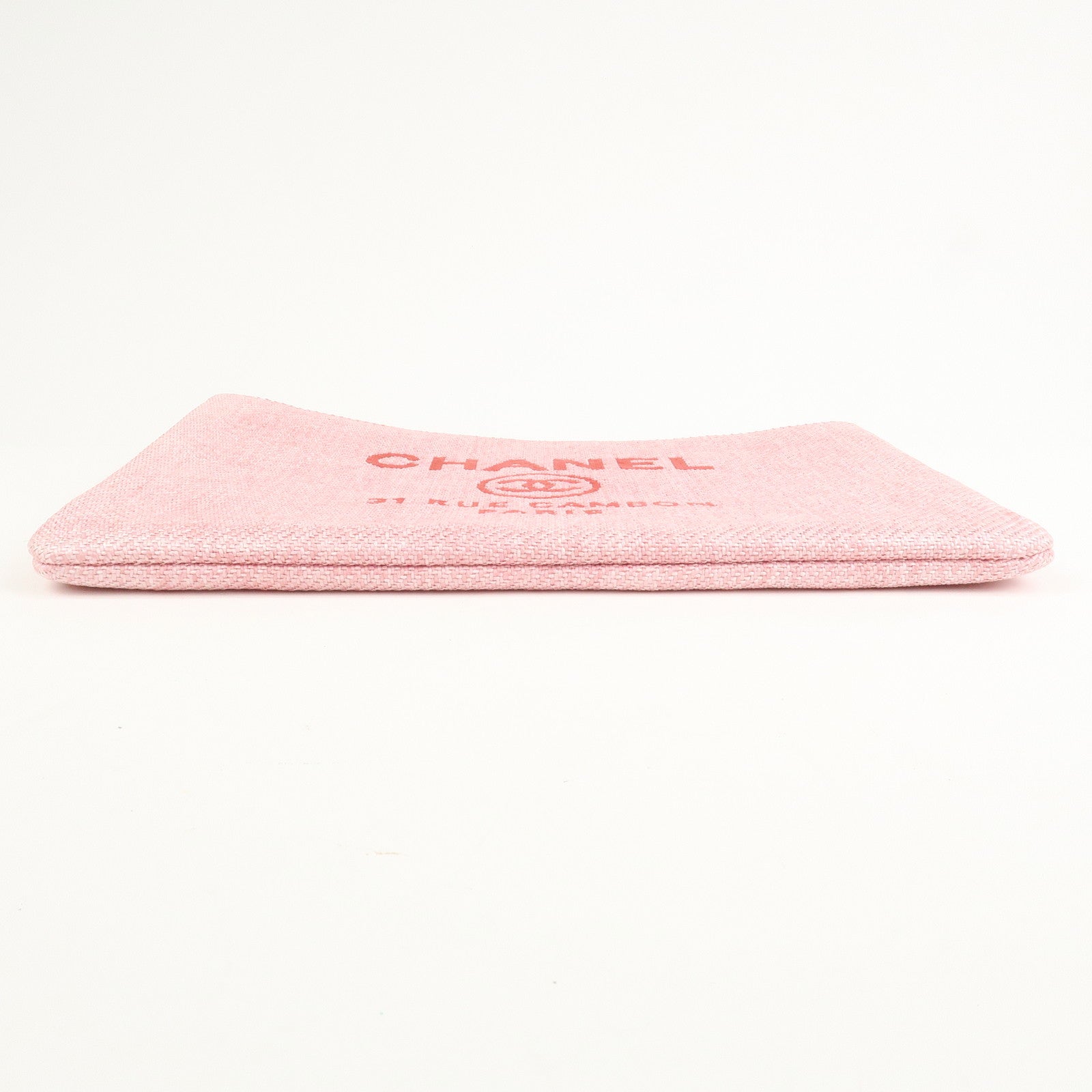 CHANEL Deauville Straw Clutch Bag Pouch Pink Red