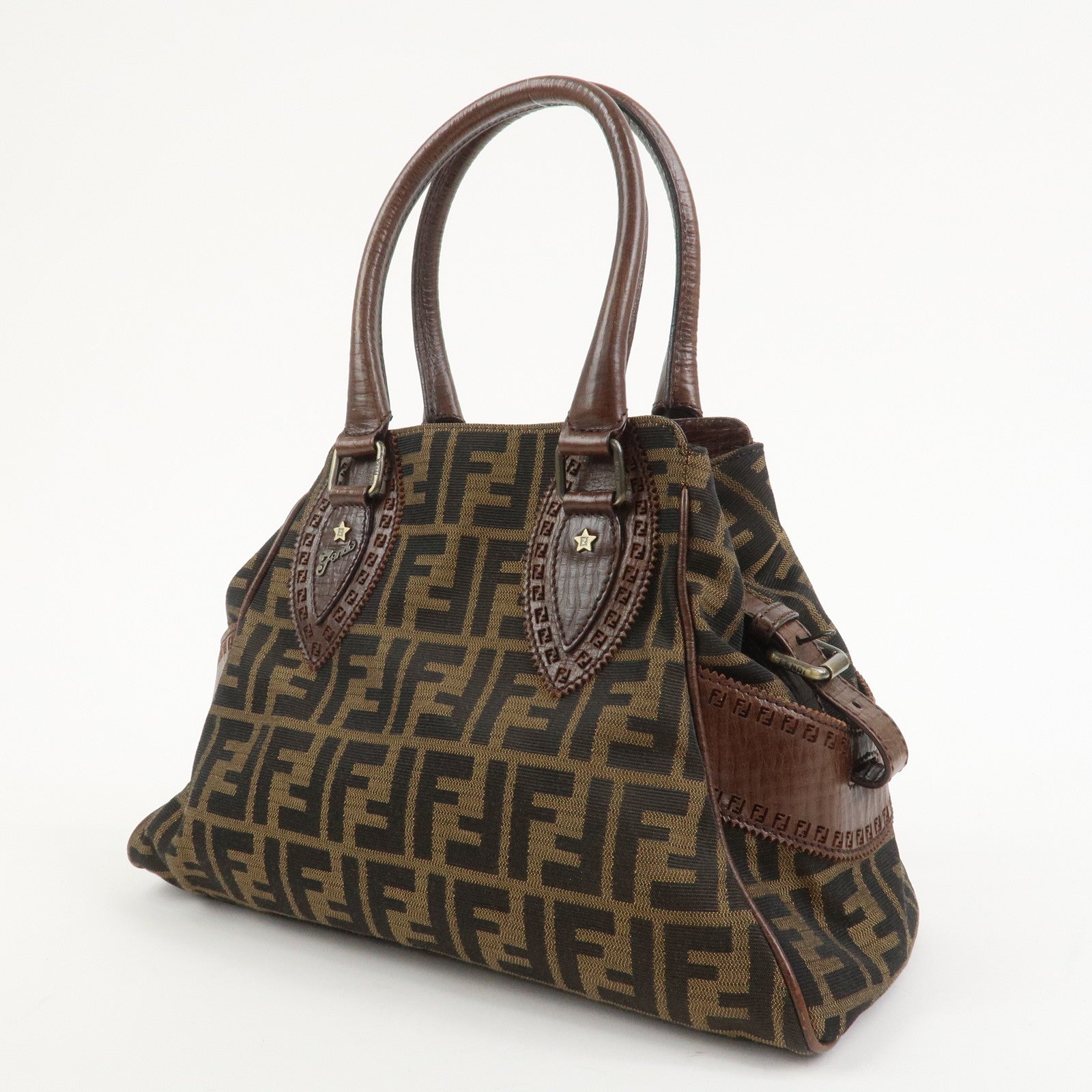 FENDI Etnico Canvas Leather Shoulder Bag Brown Black 8BN157