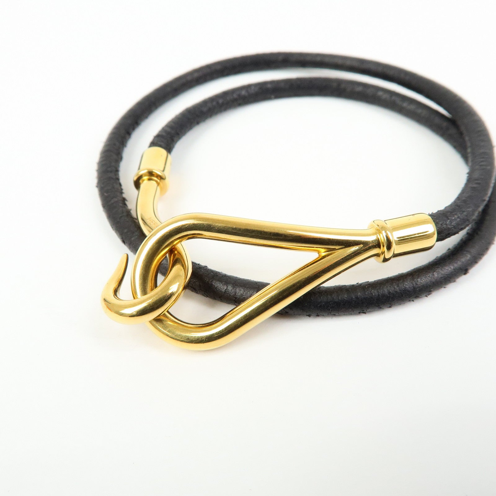 HERMES Jumbo Choker Leather Metal Bracelet Black Gold