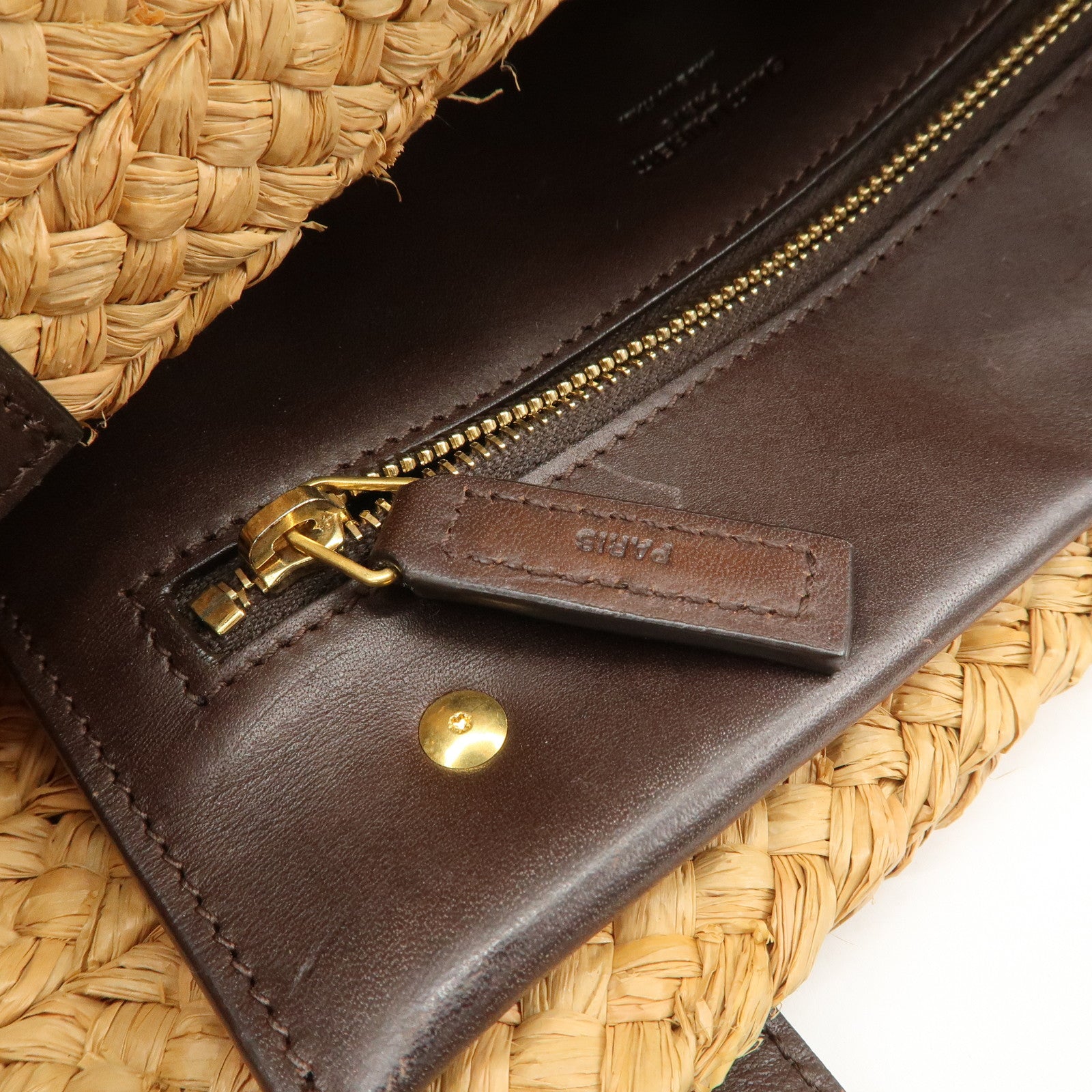 SAINT LAURENT Leather Raffia Tote Bag Shoulder Bag Beige Dark Brown Used