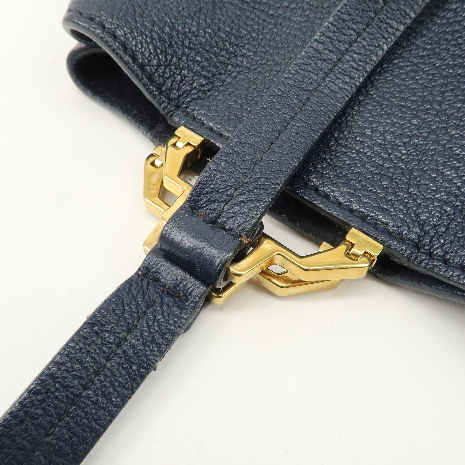 MIUMIU Logo Madras Leather Hand Bag Tote Bag Navy Gold Hardware Used