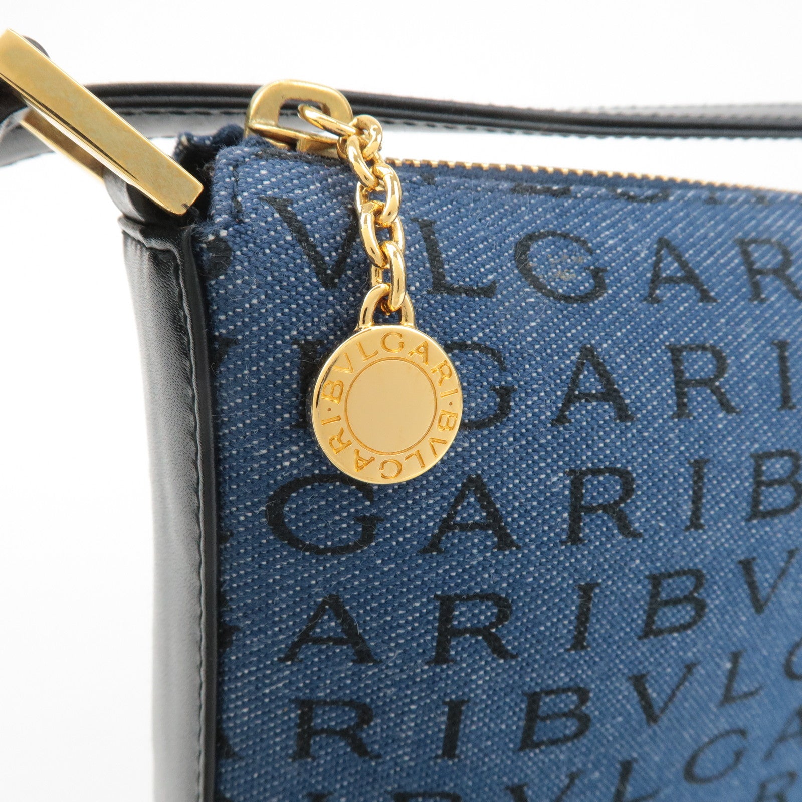 BVLGARI Logo Mania Denim Shoulder Bag Black Navy Blue Used