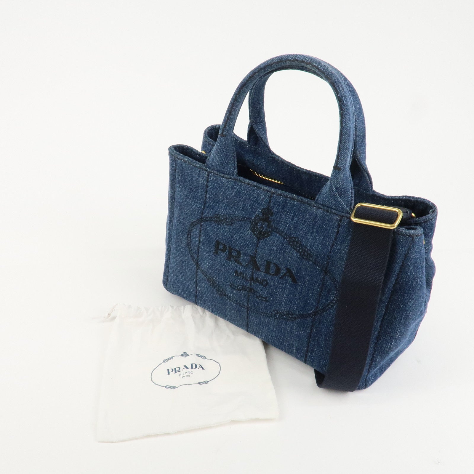 PRADA Canapa Denim 2Way Bag Hand Bag Shoulder Bag Navy B2642B Used