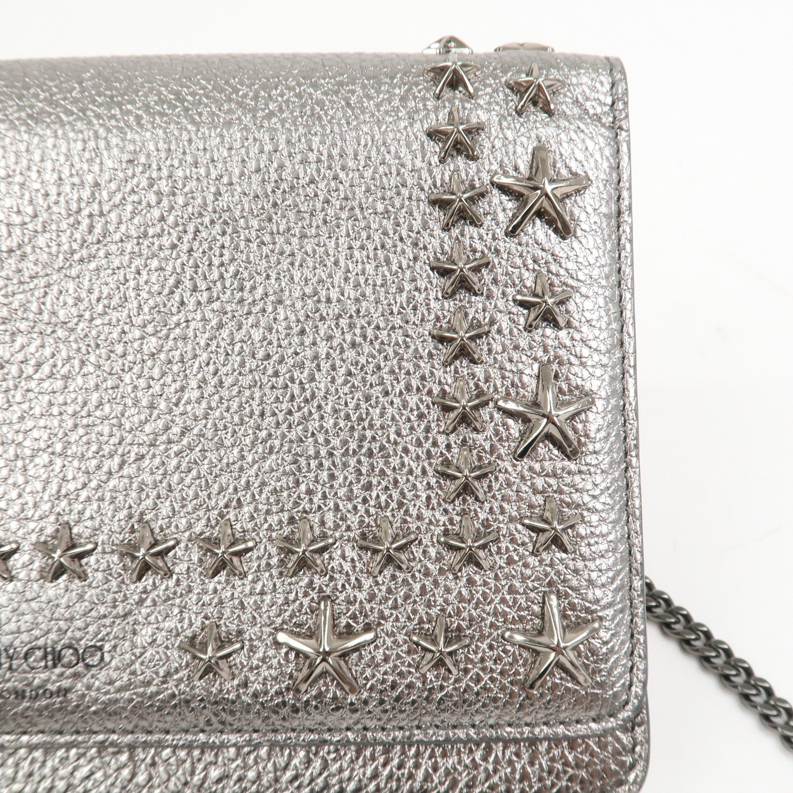 JIMMY CHOO 2Way Leather Chain Shoulder Bag Crossbody Bag Silver
