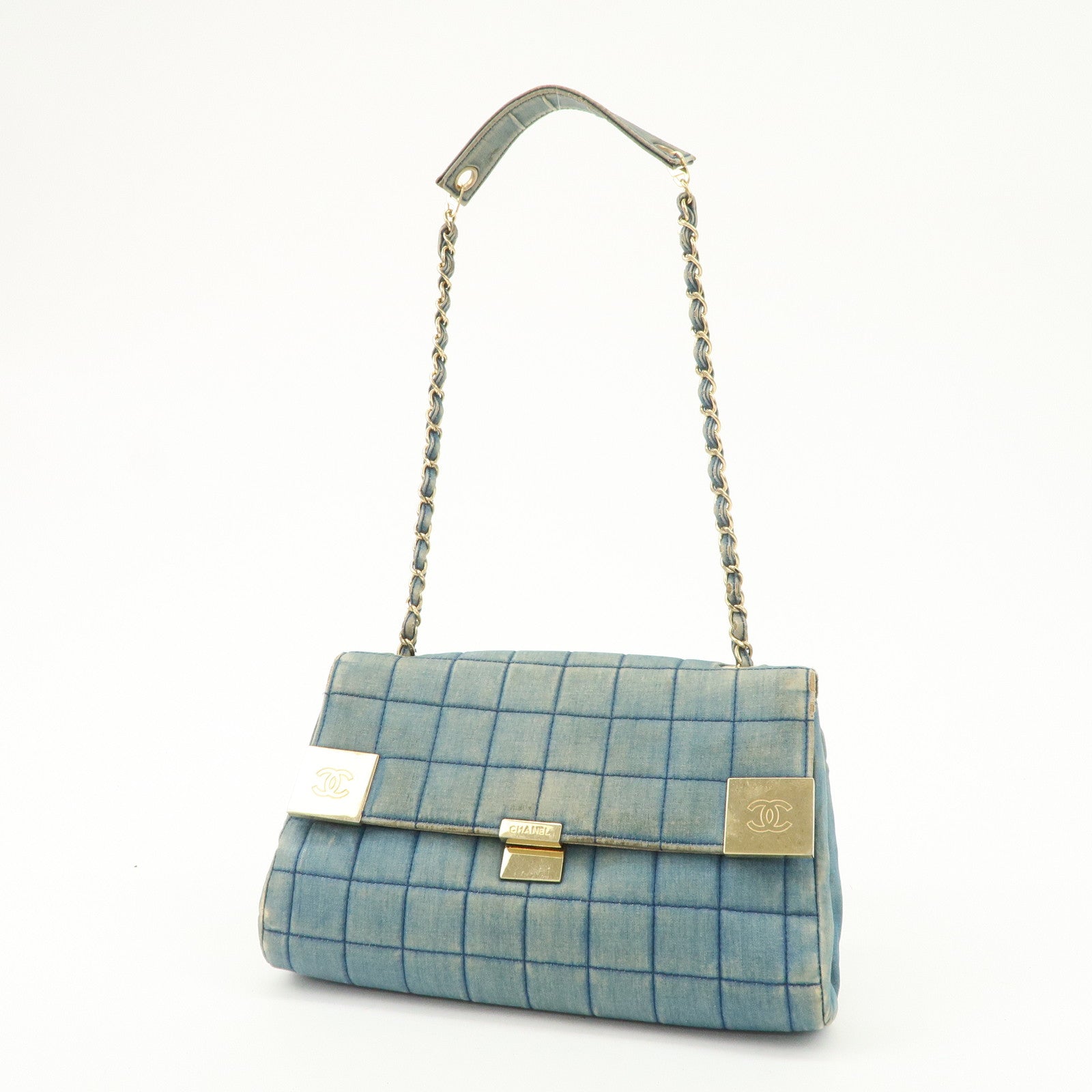 CHANEL COCO Mark Wide Stitch Chocolate Bar Chain Shoulder Bag Blue Gold Used