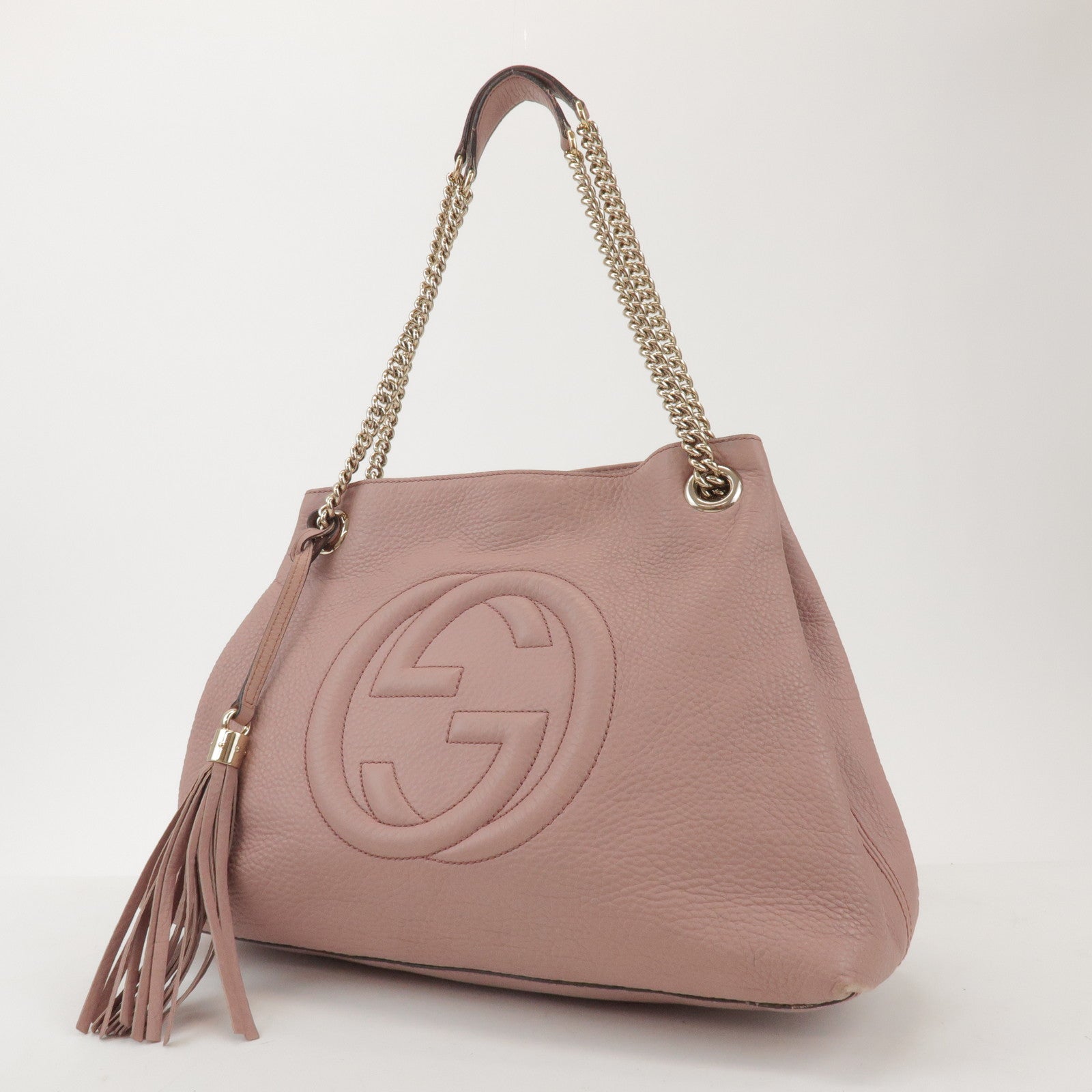 GUCCI SOHO Leather Chain Shoulder Bag Fringe Charm Pink 308982