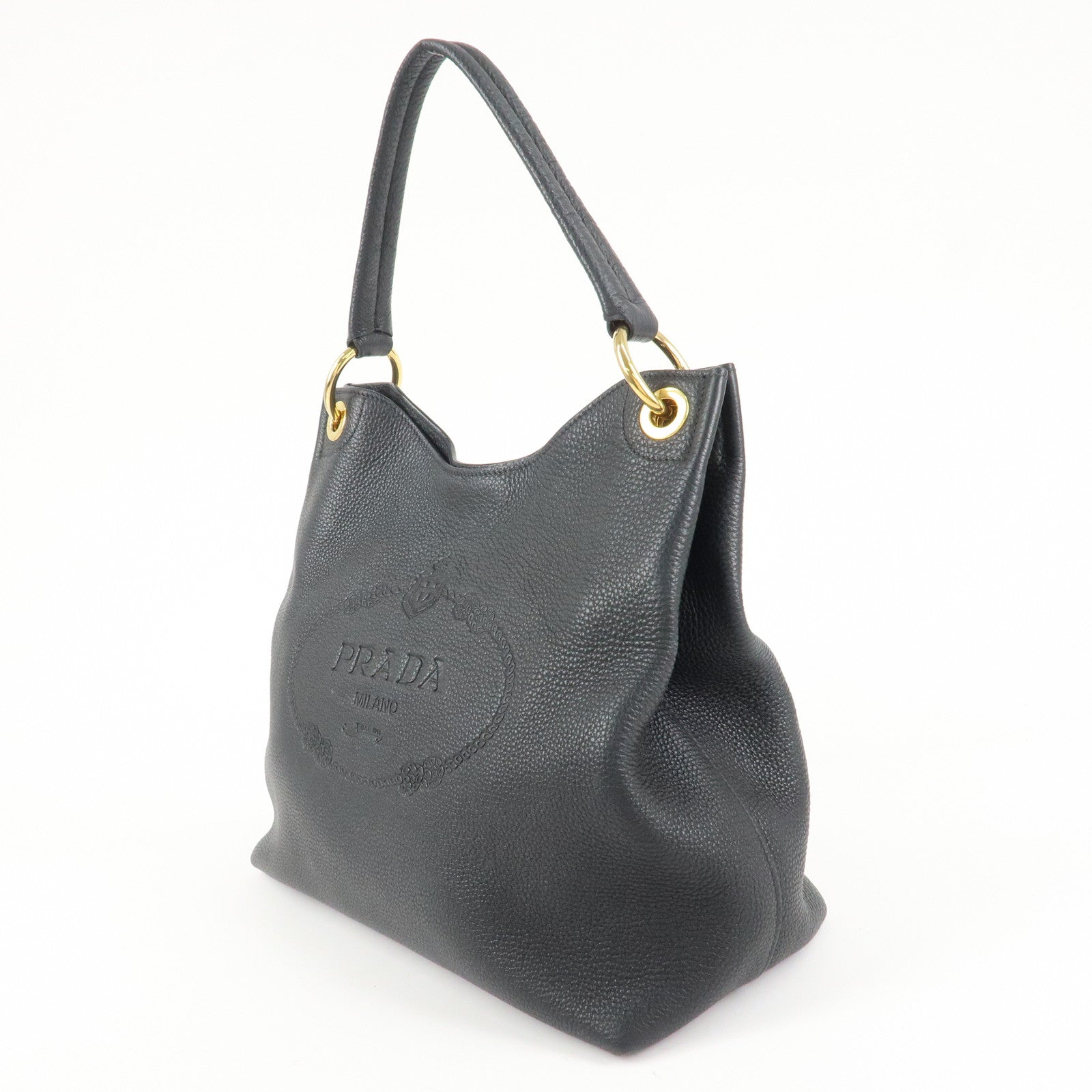 PRADA VITTELLO PHOENIX Triangle Logo Leather Shoulder Bag Black 1BC051 Used