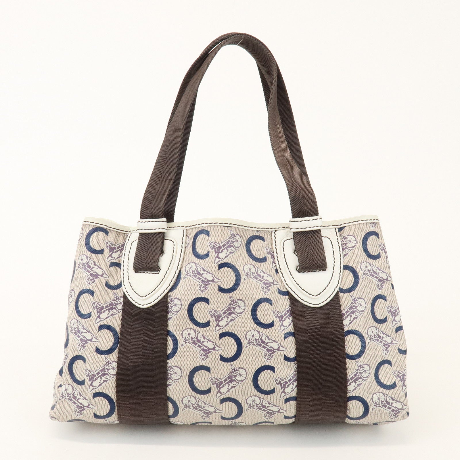 CELINE C Macadam PVC Nylon Leather Tote Bag Hand Bag Brown Beige