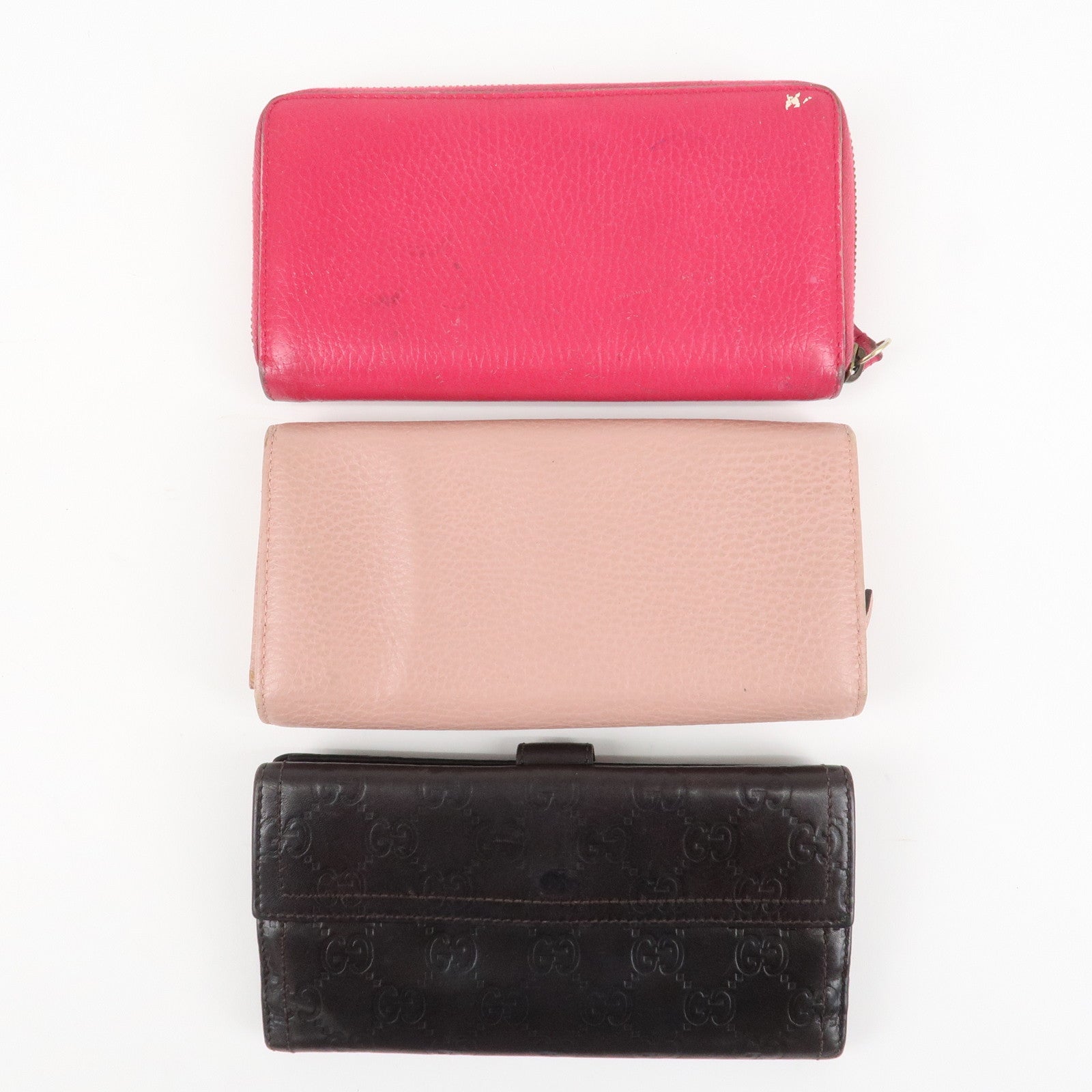 GUCCI Set of 3 Leather Long Wallet Round Zippy Wallet Bi-fold Wallet Dark Brown Pink Used