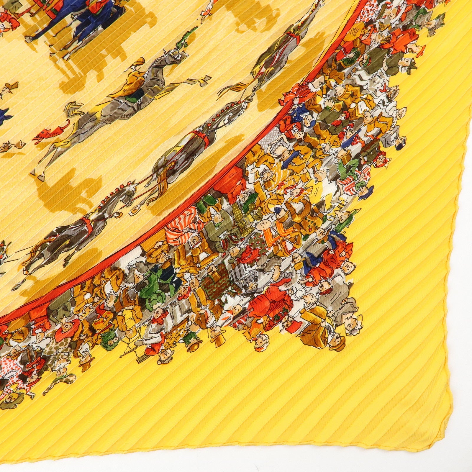 HERMES Pleated Carre 90 Silk 100% Scarf CIRQUE MOLIER Orange