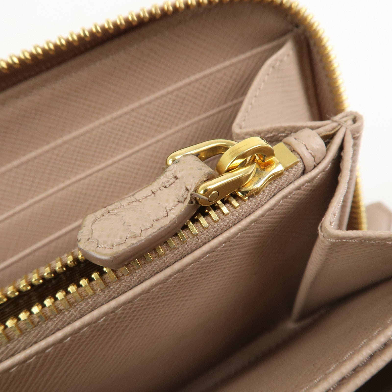 PRADA Logo Saffiano Leather Round Zippy Long Wallet Beige 1ML506