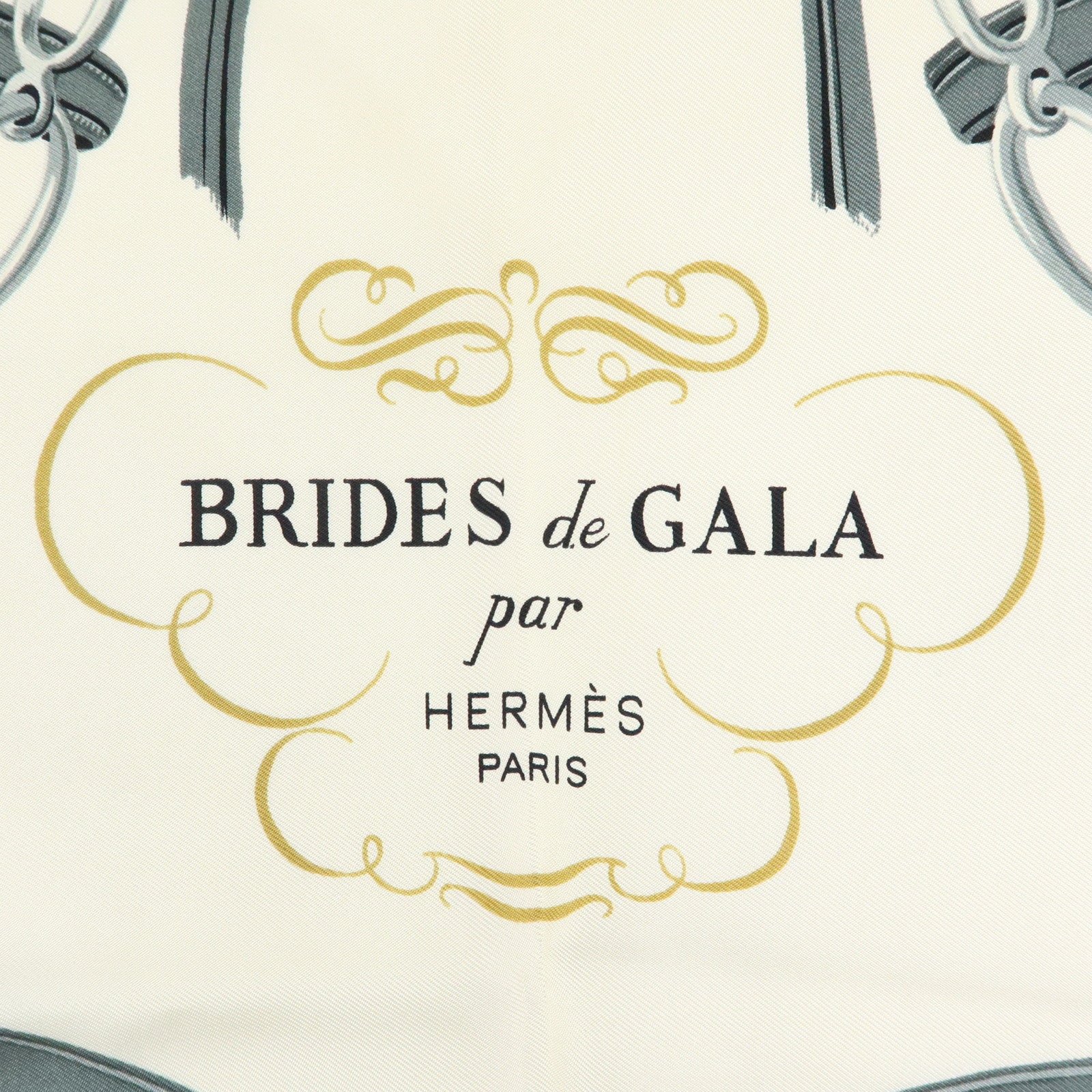 HERMES Carre 90 Silk 100% Scarf BRIDES DE GALA Gold Gray