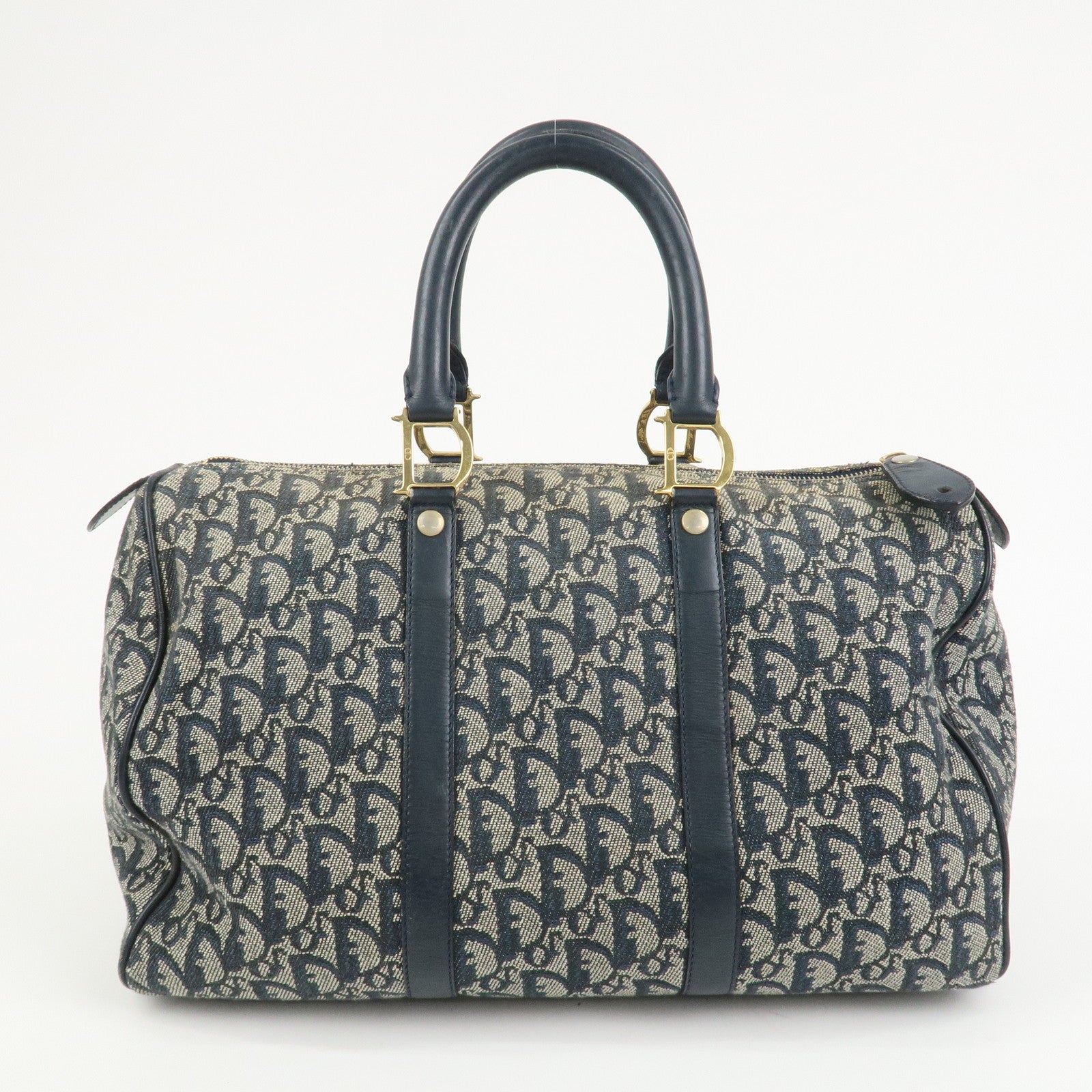 Christian Dior Trotter Jacquard Canvas Leather Boston Hand Bag Navy