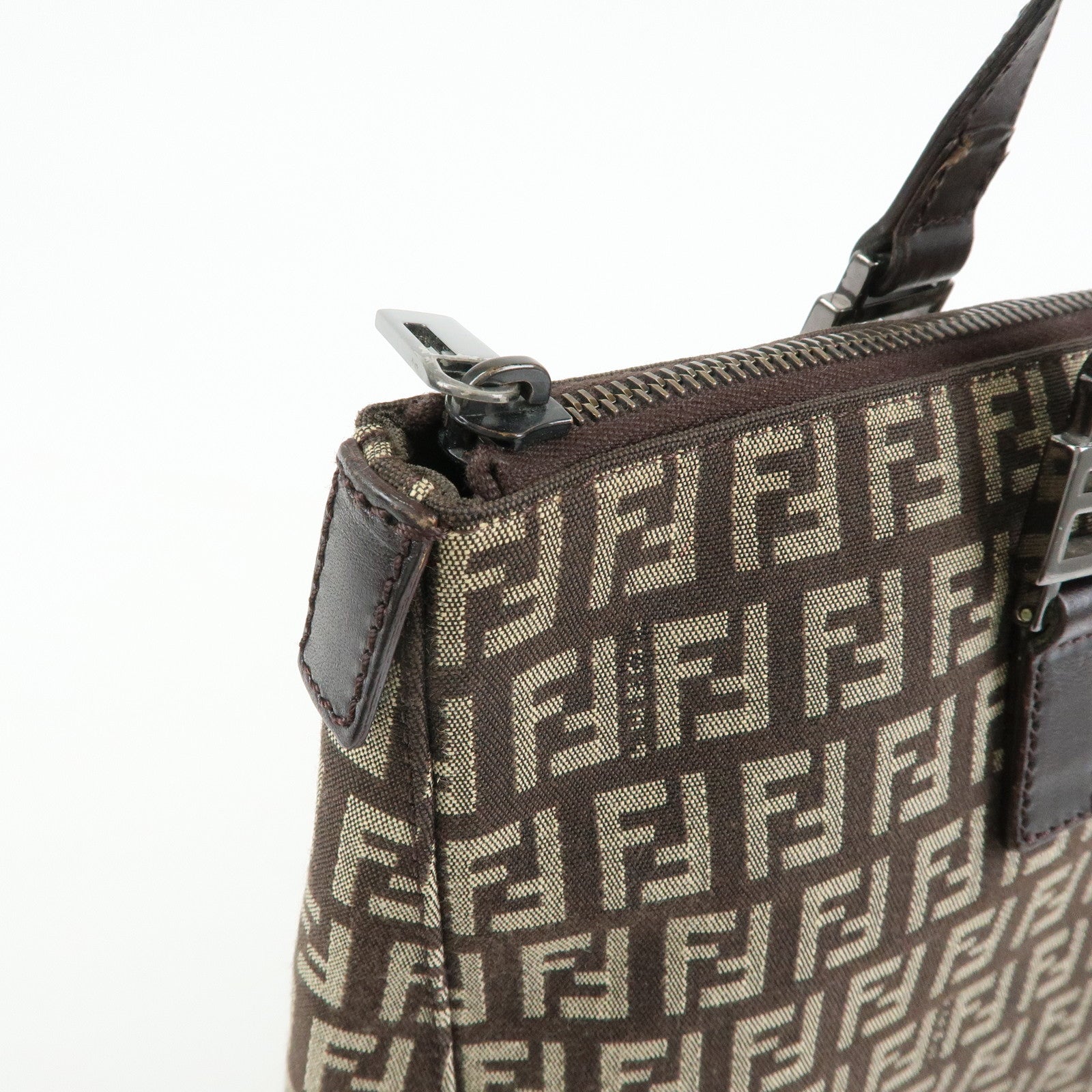 FENDI Zucchino Canvas Leather Tote Bag Hand Bag Brown 8BH138