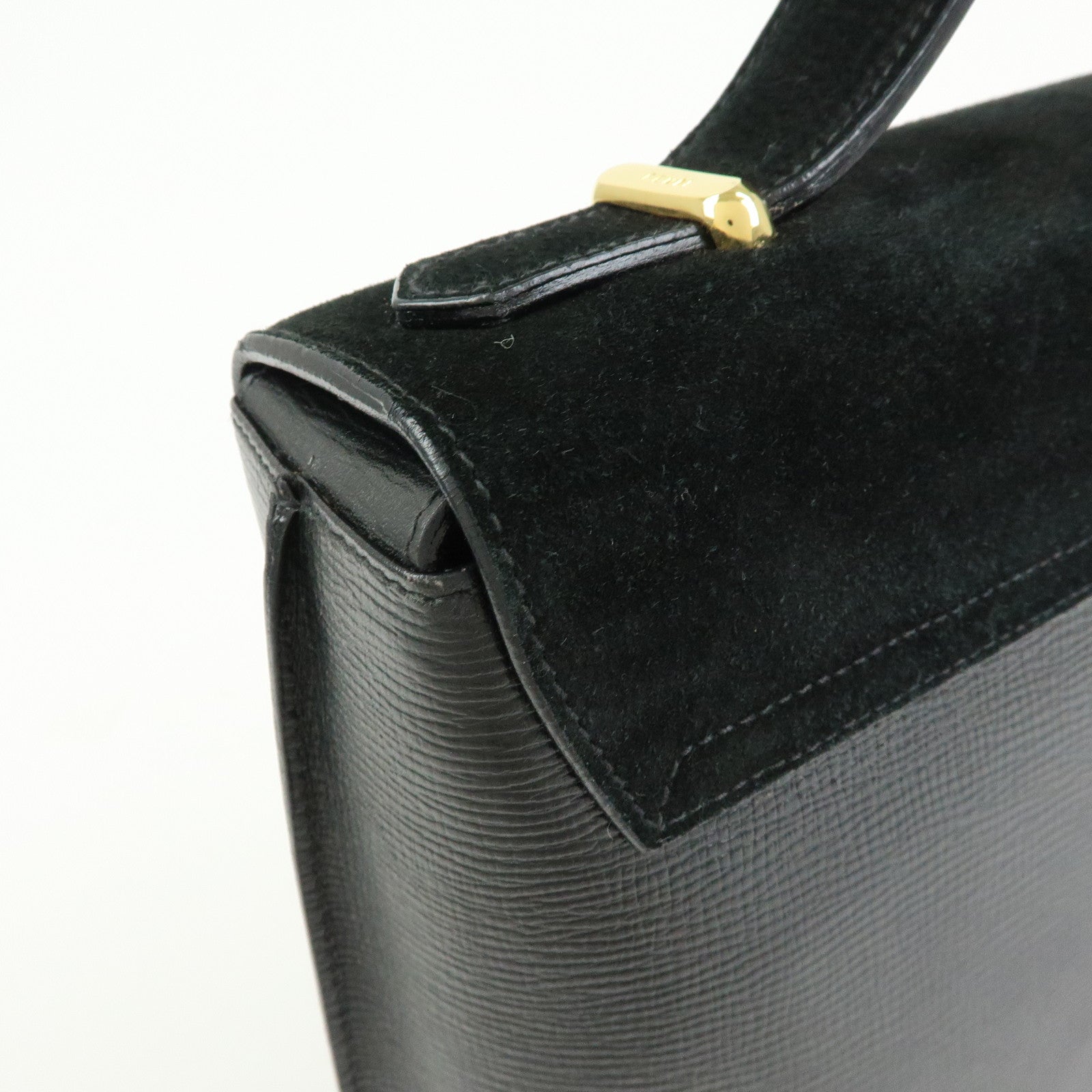 FENDI Top Handle Leather Suede Hand Bag Black 12897