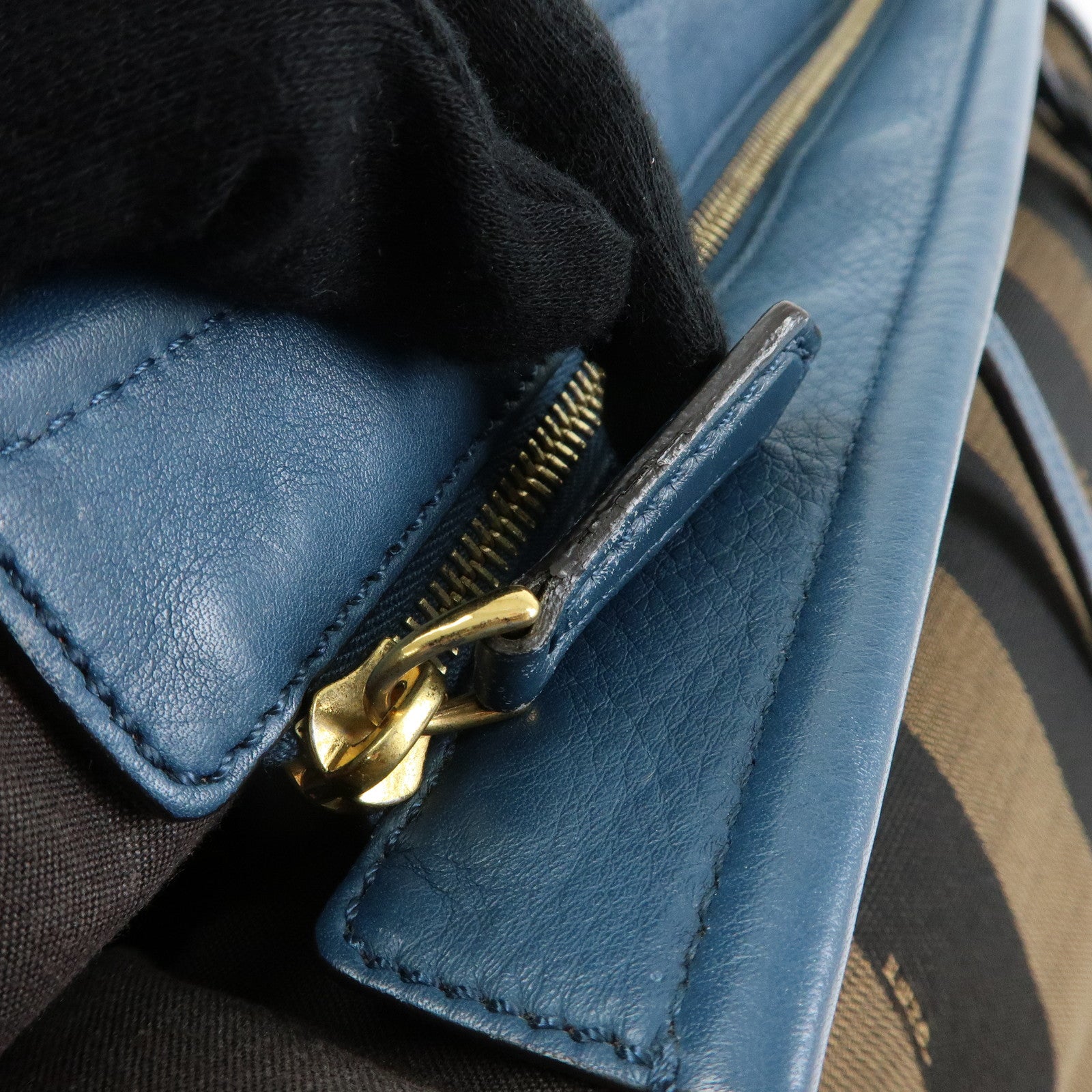 FENDI Pequin Canvas Leather Tote Bag Shoulder Bag Brown Navy 8BH185