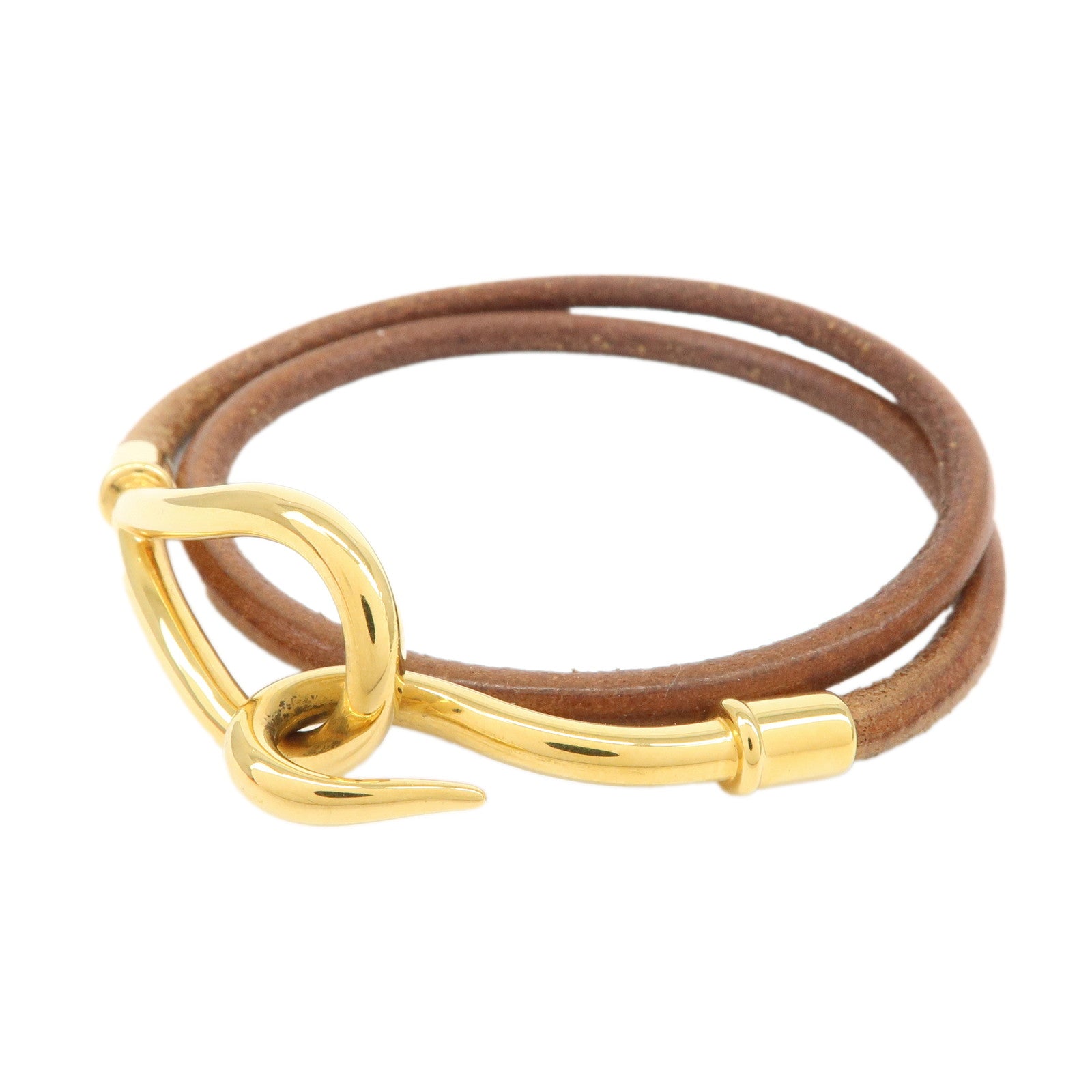 HERMES Logo Leather Jumbo Choker Bracelet Brown