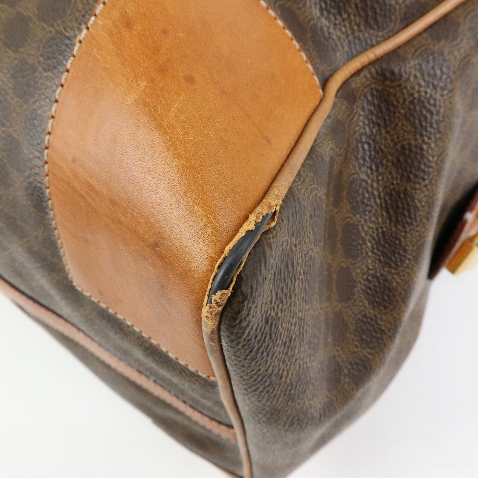CELINE Logo Macadam PVC Leather Boston Bag Hand Bag Brown