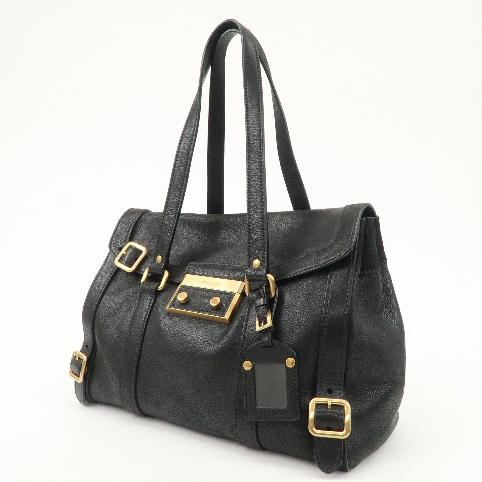 PRADA Leather Shoulder Bag Hand Bag Black BR3027 Used