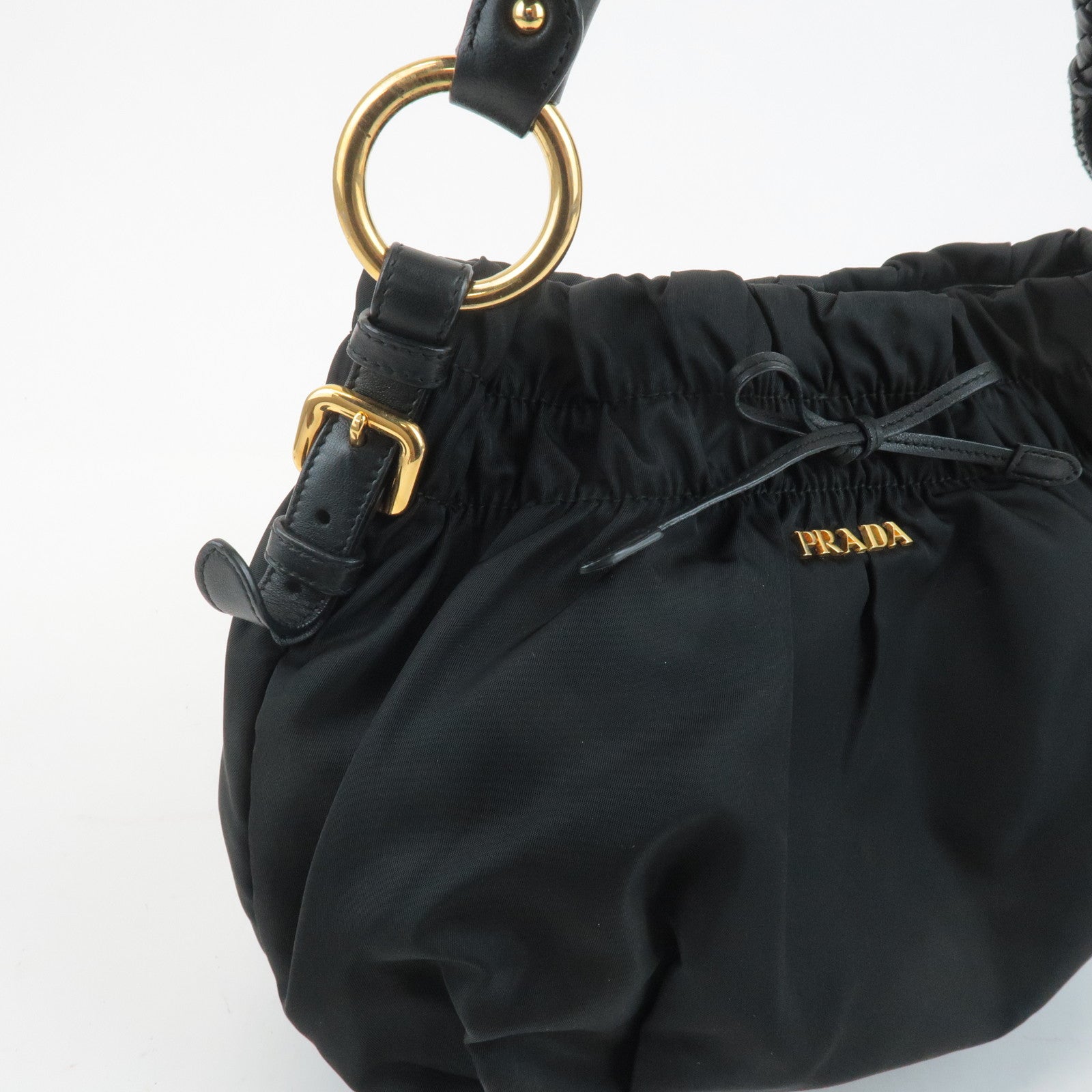 PRADA Ribbon Leather Nylon Shoulder Bag Hand Bag Black