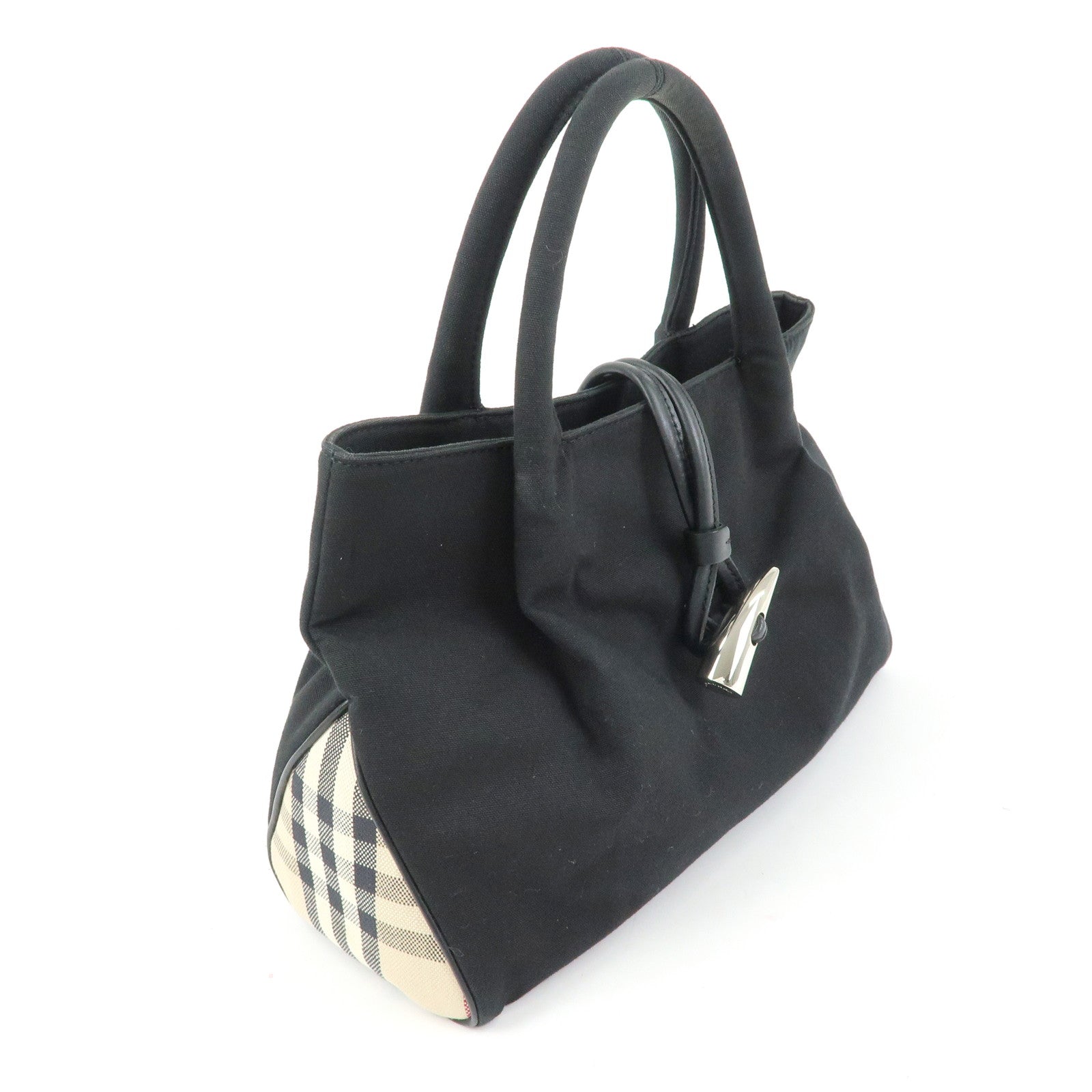 BURBERRY Canvas Leather Tote Bag Hand Bag Plaid Black