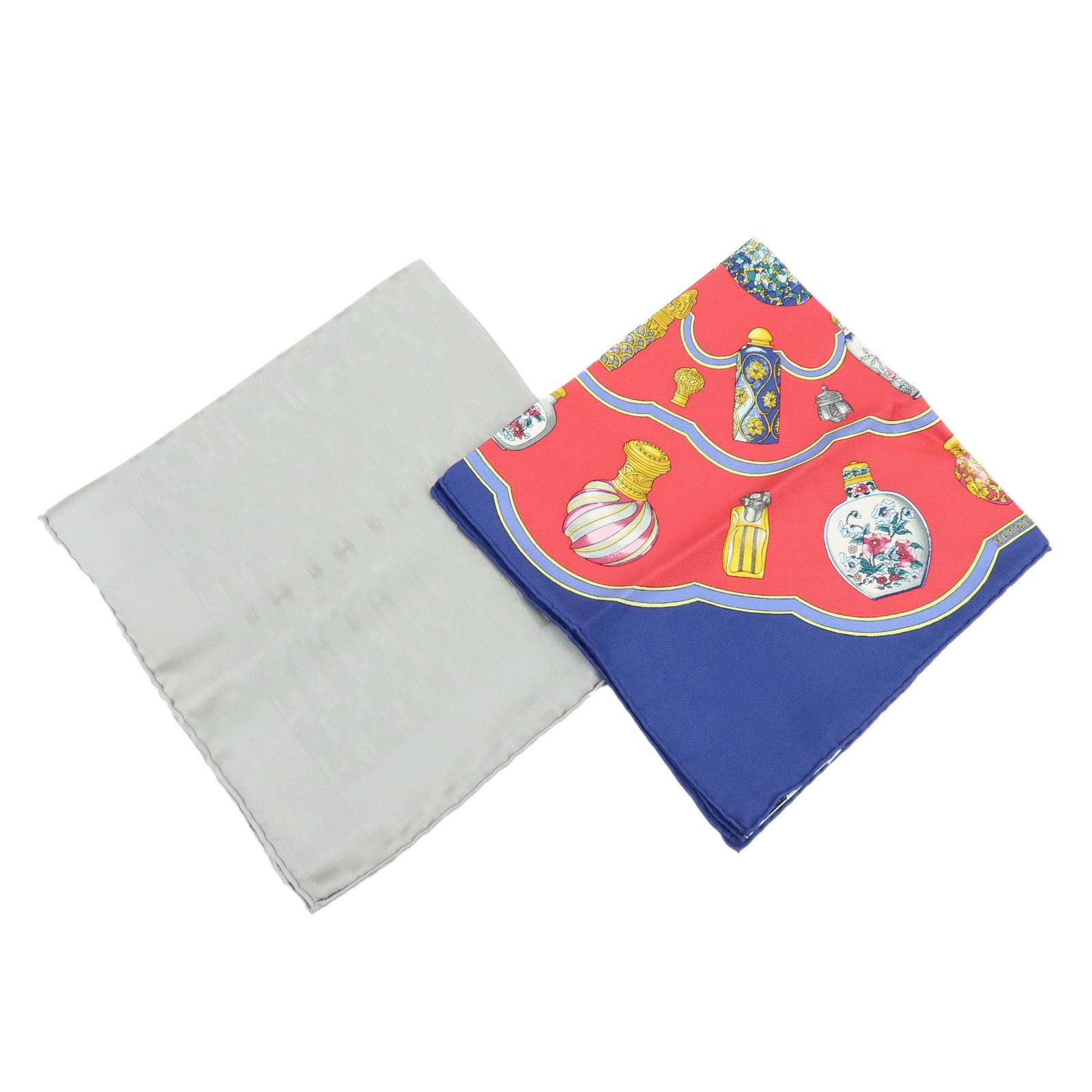 HERMES Carre 45 Set of 2 Silk 100% Scarf Red Navy Gray