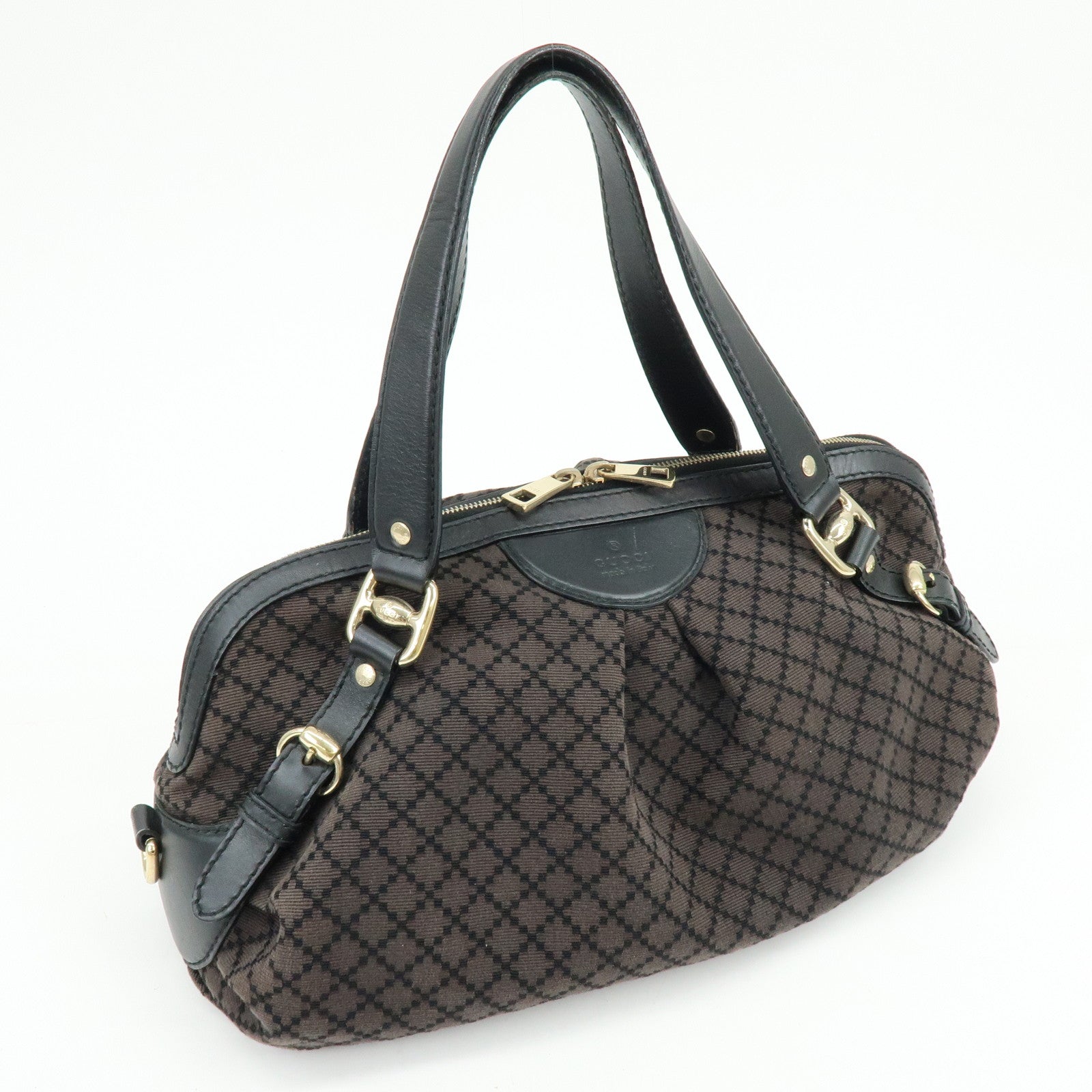 GUCCI Diamante Canvas Leather Shoulder Boston Bag Brown 269930