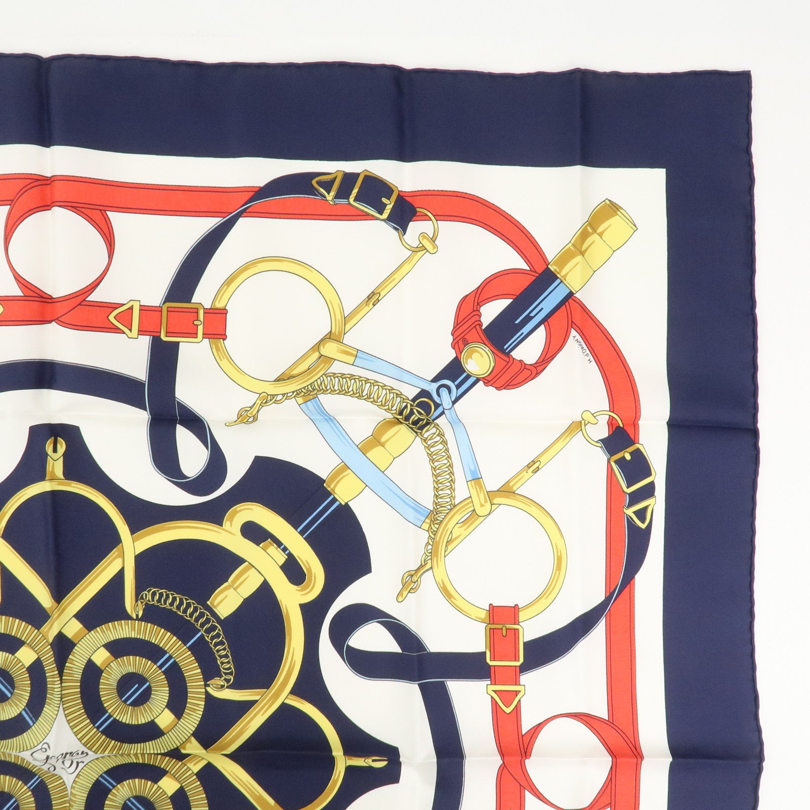 HERMES Carre 90 Silk 100% Scarf Eperon d'or Navy White