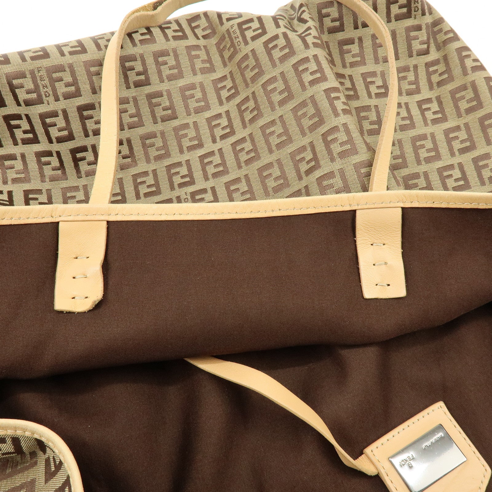 FENDI Zucchino Canvas Tote Bag Shoulder Bag Beige Brown 8BH005