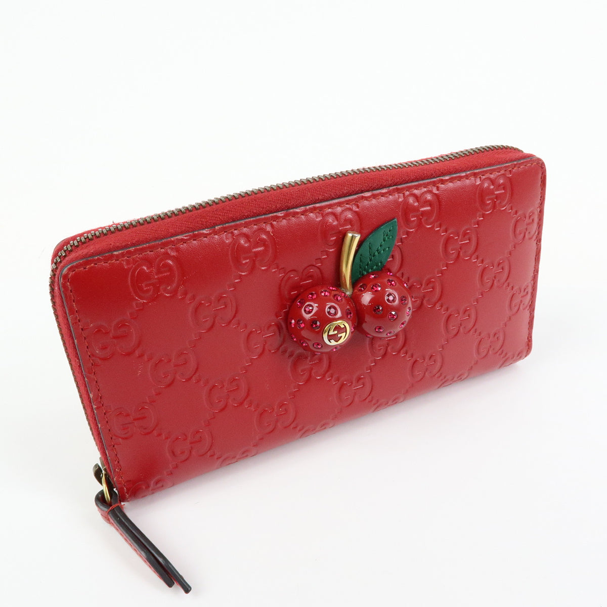GUCCI Guccissima Leather Cherry Round Zippy Long Wallet Red 476049