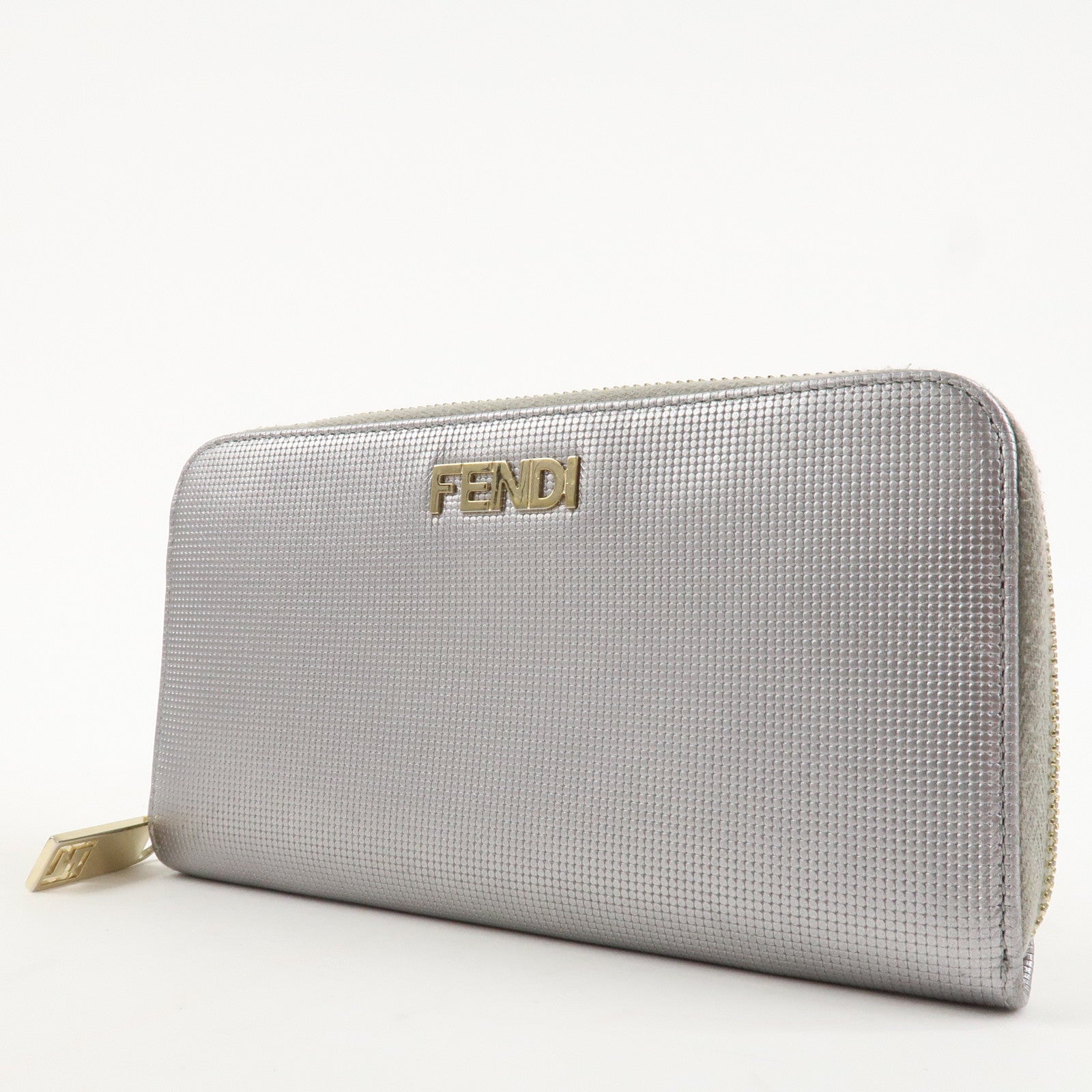 FENDI Leather Round Zippy Long Wallet Silver 8M0024 Used