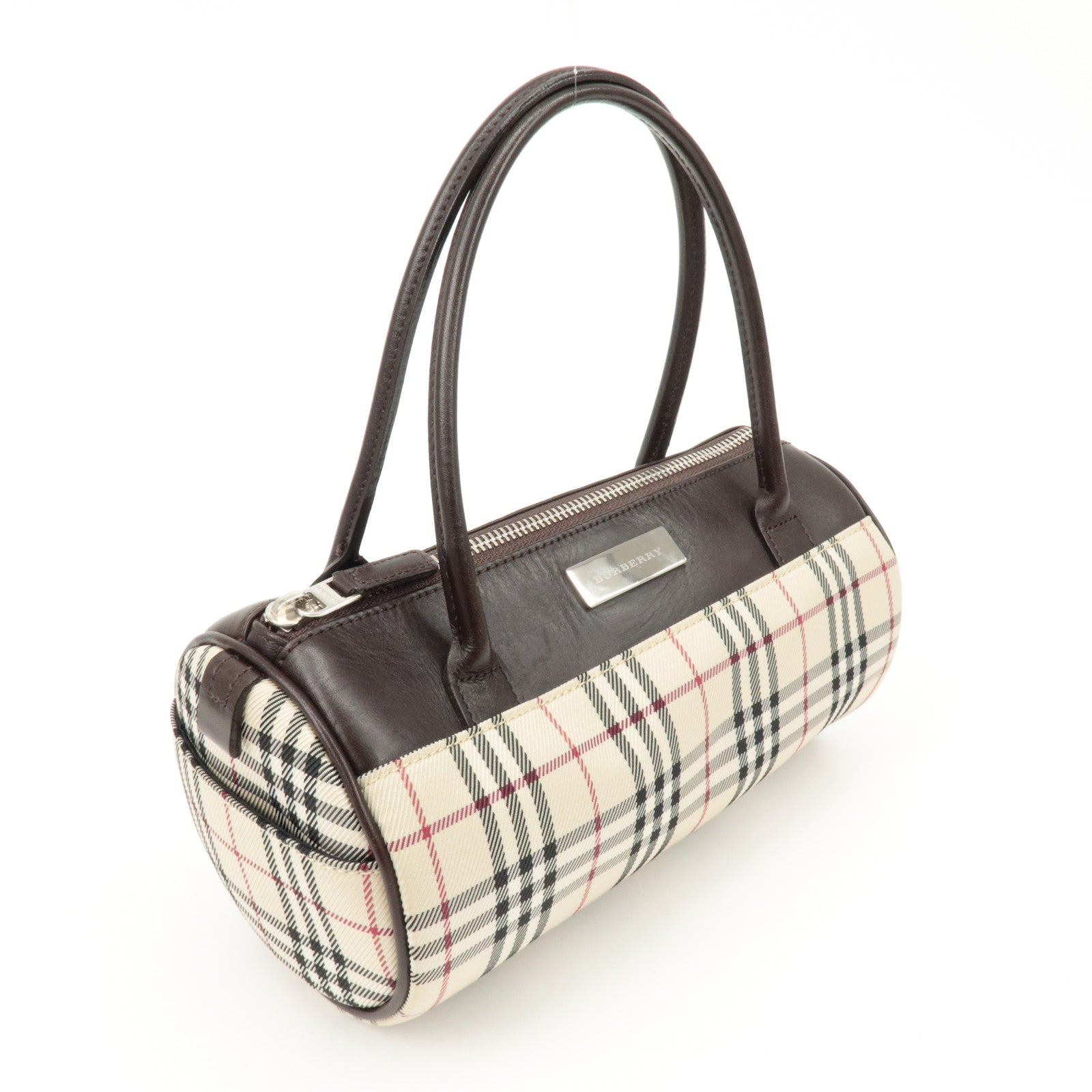 BURBERRY Leather Canvas Hand Bag Nova Plaid Beige Brown Used