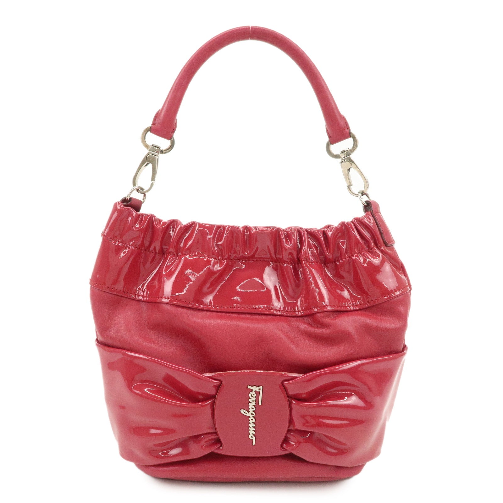 Ferragamo Gancini Varra Ribbon Patent Leather Hand Bag Red