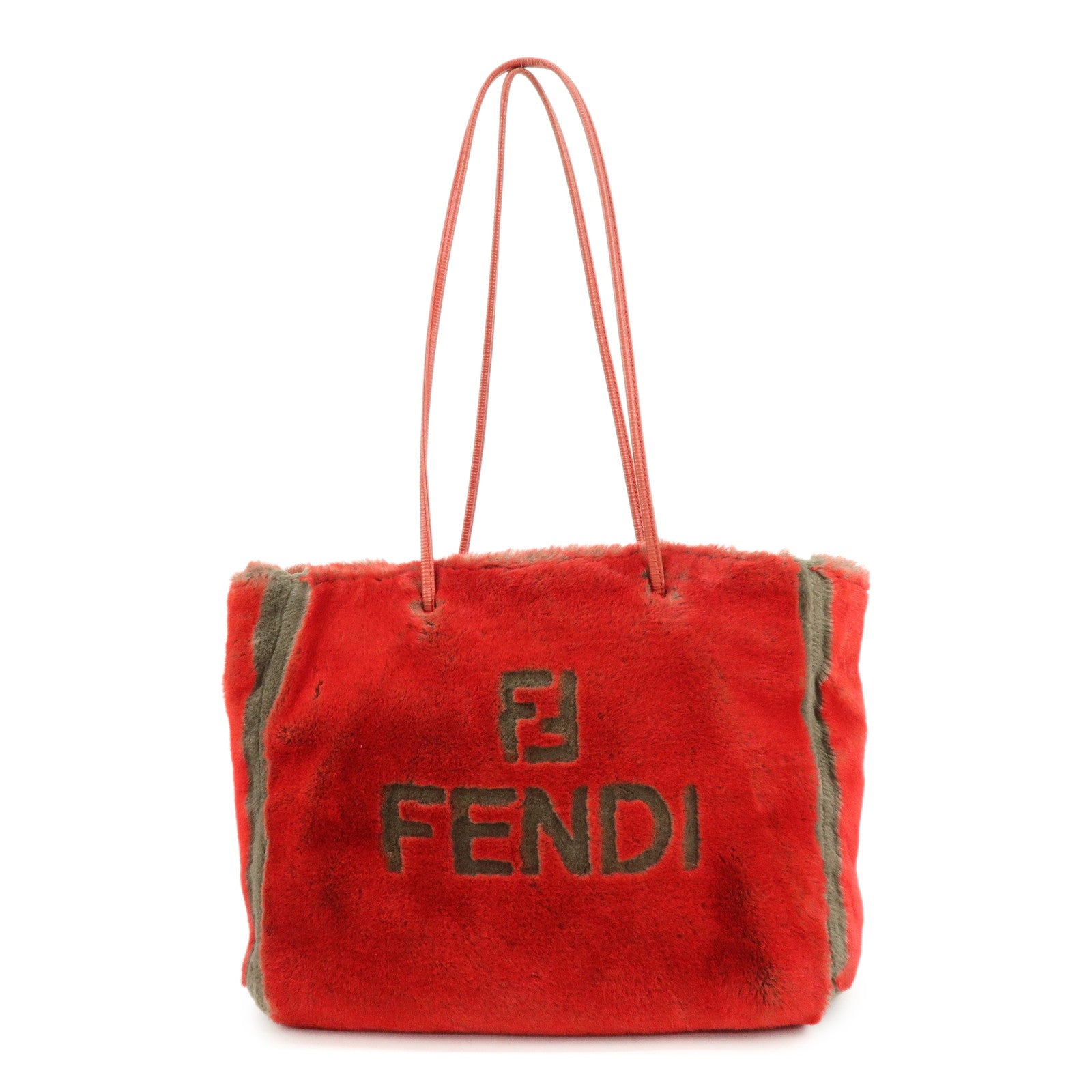 FENDI Fur Leather Tote Bag Hand Bag Shoulder Bag Red 321262900069